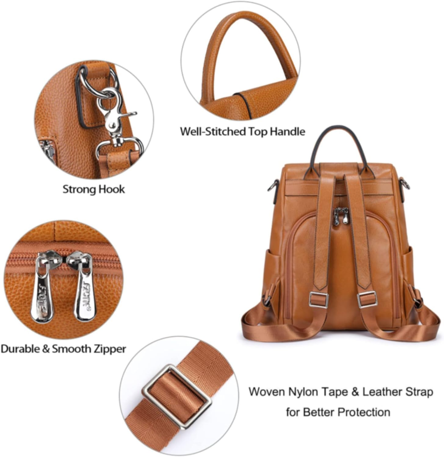 S-ZONE Leather Backpack Purses for Women Antitheft Rucksack Shoulder Bag Medium - 2- Brown image number 5