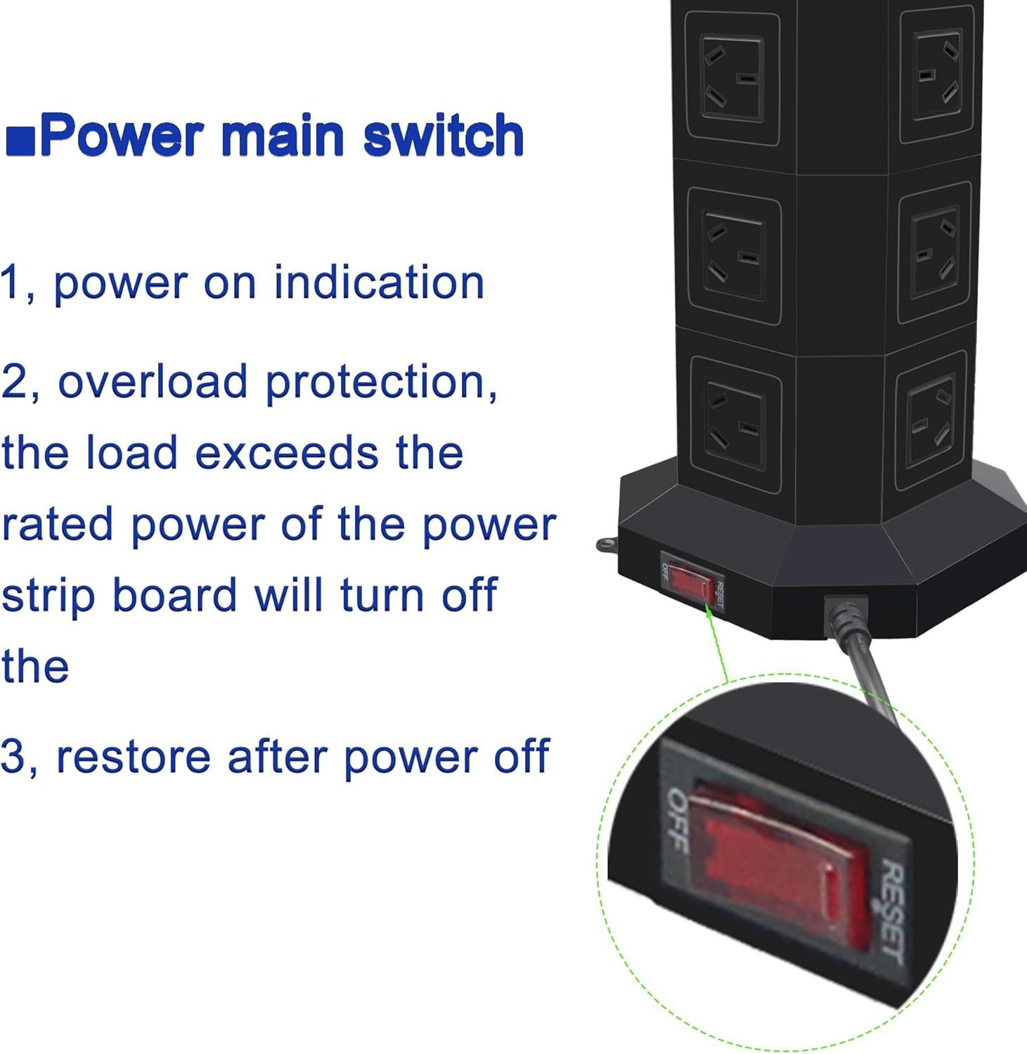 Powerjc Tower Power Strip USB Surge Protector Socket 12 AC Outlets with 5 USB or 1 USB C PD 25W Totals 6A Ports Chargers 3M Long Extension Cord SAA Certified Black
