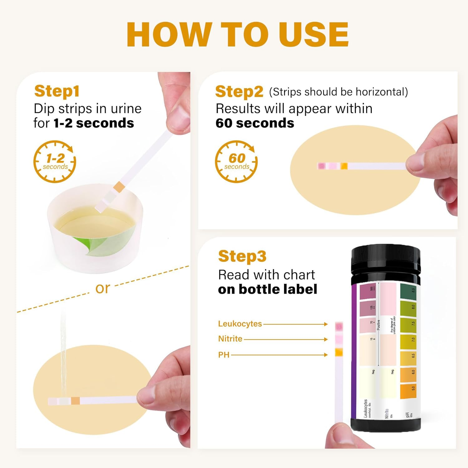 Uti Test Strips,100 Strips 3-In-1 Urinary Home Testing Kit, Fast and Accurately Reads Leukocytes, Nitrites, PH, Simple at Home Urine Test Strips image number 4