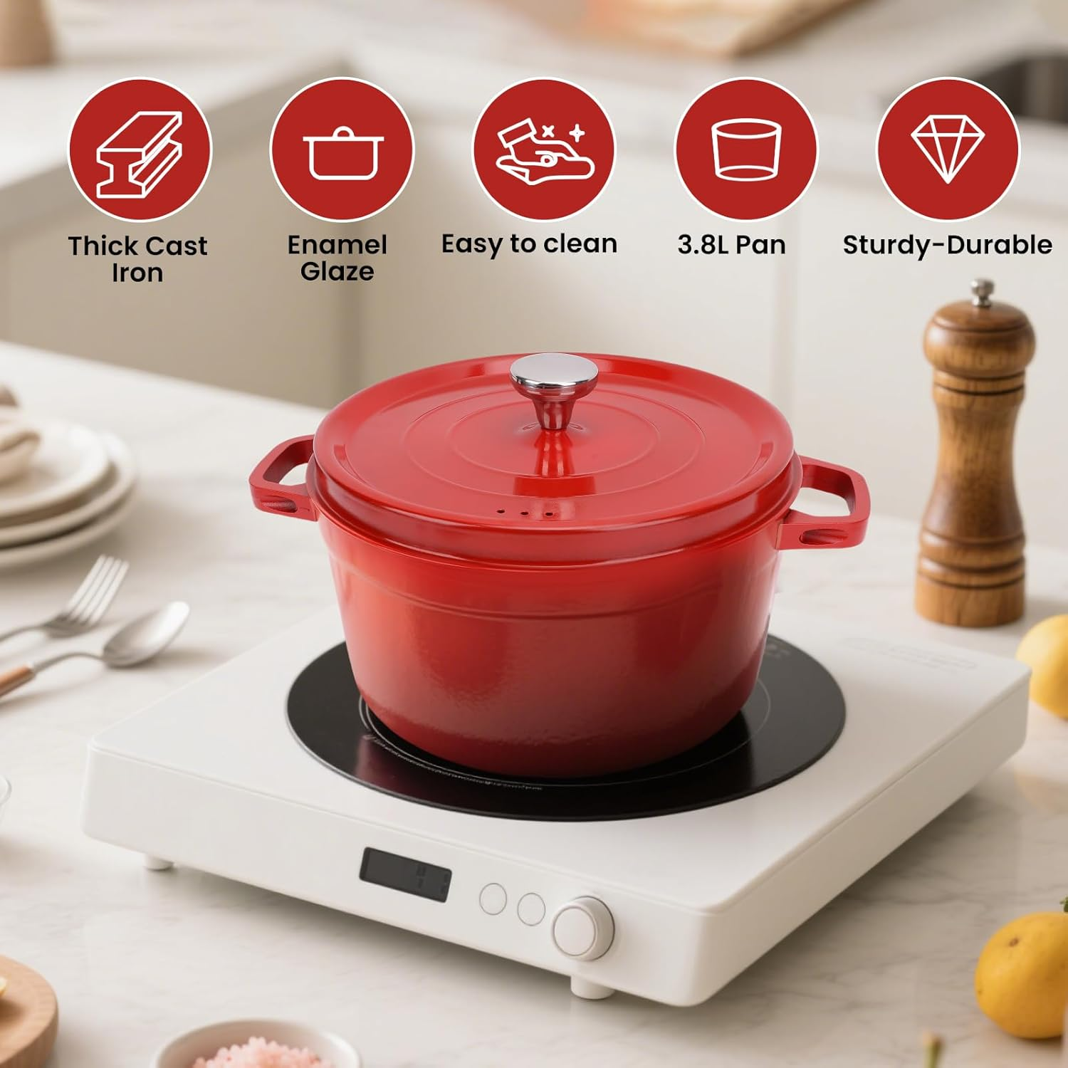 3.8L Enameled Iron Alloy Oven Pot with Dual Handles and Lid Even Heating Cooking Pot for Stewing Braising Boiling image number 2