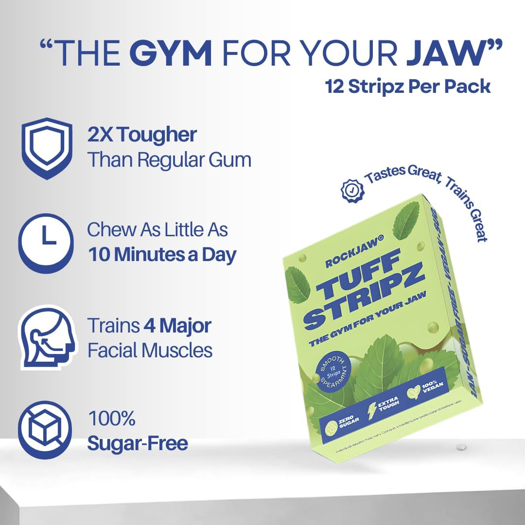ROCKJAW&reg; Tuff Stripz | Semi-Tough Chewing Gum | Sugar-Free Jaw Exerciser for Beginners | Smooth Spearmint | 10 Packs, 120 Stripz | 2 Month Supply image number 5