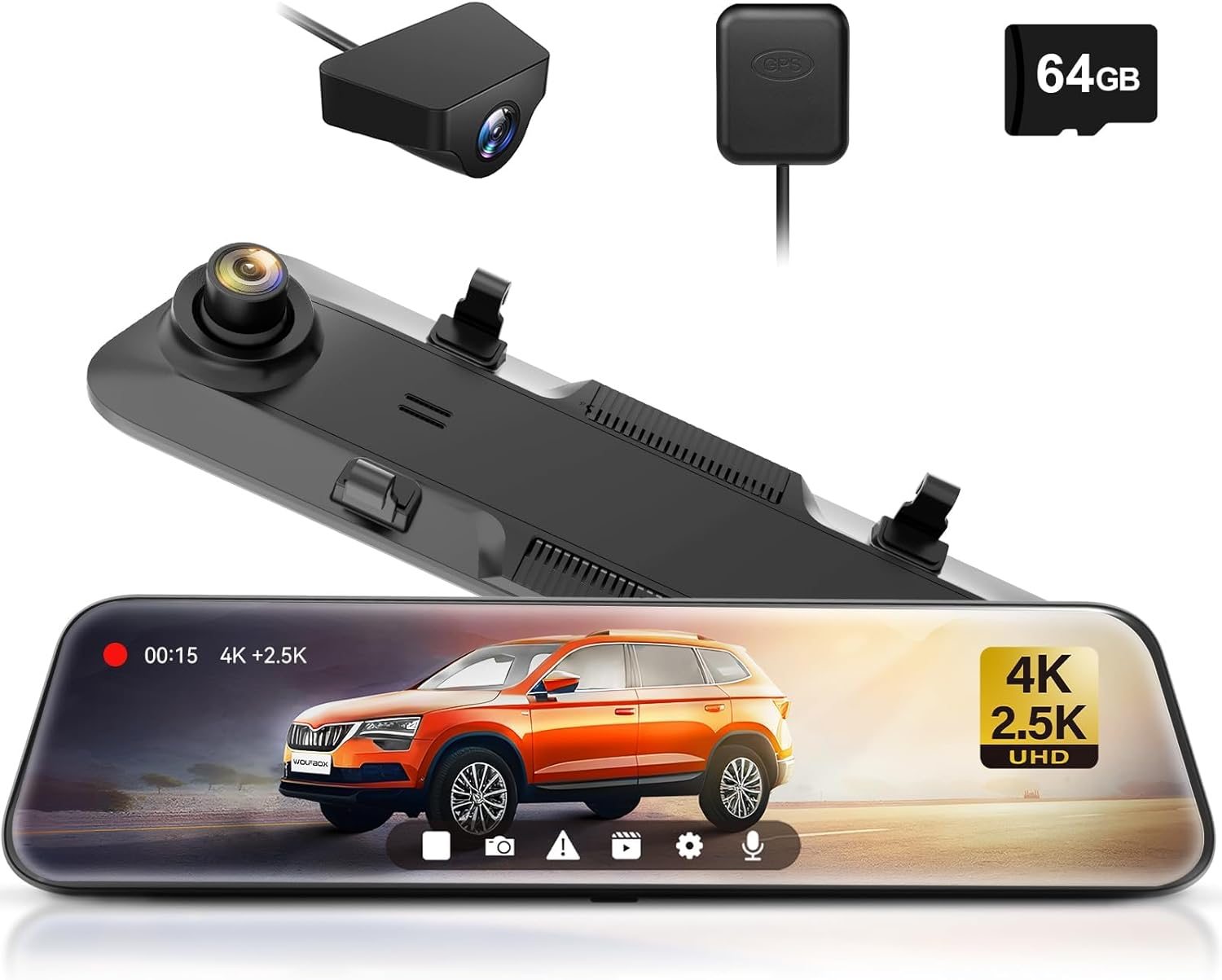 WOLFBOX 12" Rear View Mirror Dash Cam, 4K Mirror Dash Cam with 2.5K Rear Camera, Smart Full Touch Screen Backup Camera for Car, Dash Cam with WDR Camera,Night Vision,Free 64GB Card & GPS