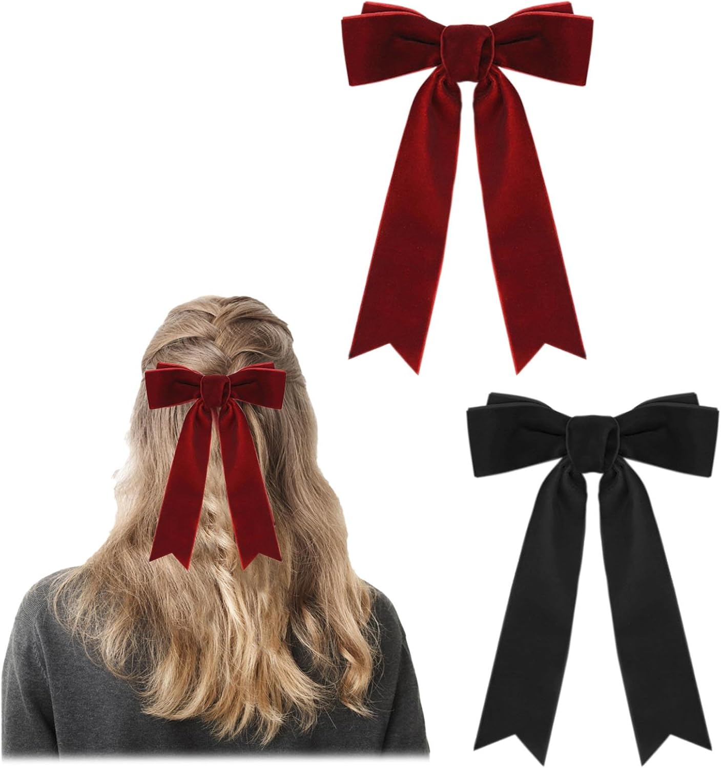 AYNKH 2PCS Velvet Bow Hair Clip, Satin Bowknot Hairpins with Long Ribbon, Red and Black Hair Barrettes, Vintage Party Hair Accessories for Girls Women image number 1