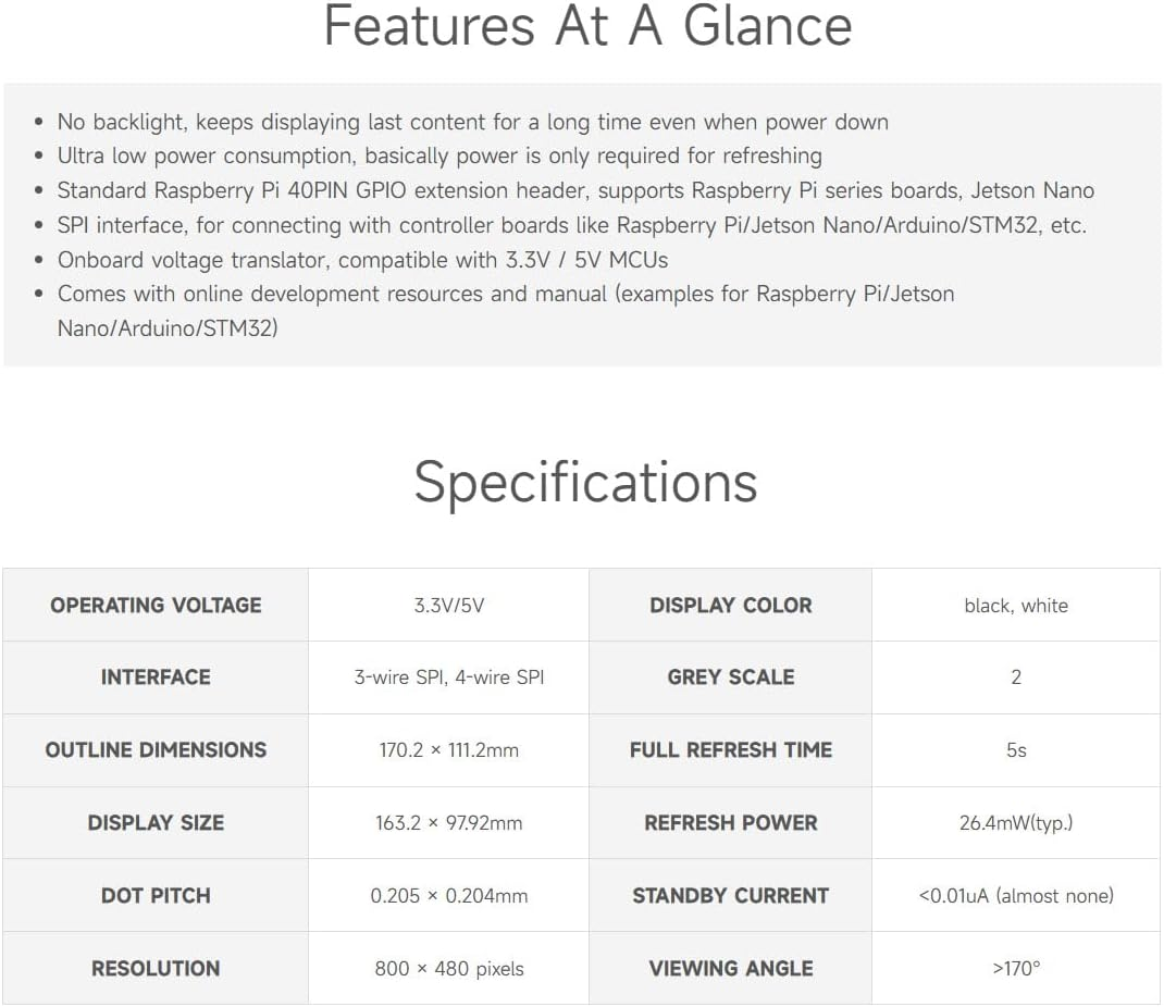 Waveshare 7.5Inch E-Paper HAT Display Module Compatible with Jetson Nano/Raspberry Pi 4B/3B+/3A+/3B/2B/1B+/1A+/Zero 2 W/Zero W/Zero 800&times;480 Resolution Black and White image number 5