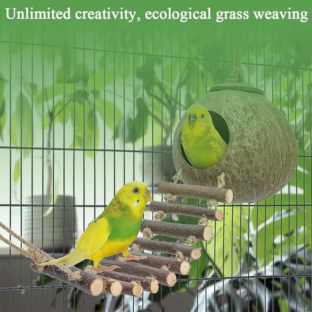 Natural Coconut Shell Bird Nest, Coconut Shell Nest Bed, Bird Breeding Nests, Hanging Birdhouse with Shrub Stairs, Suitable for Most Birds Species image number 1