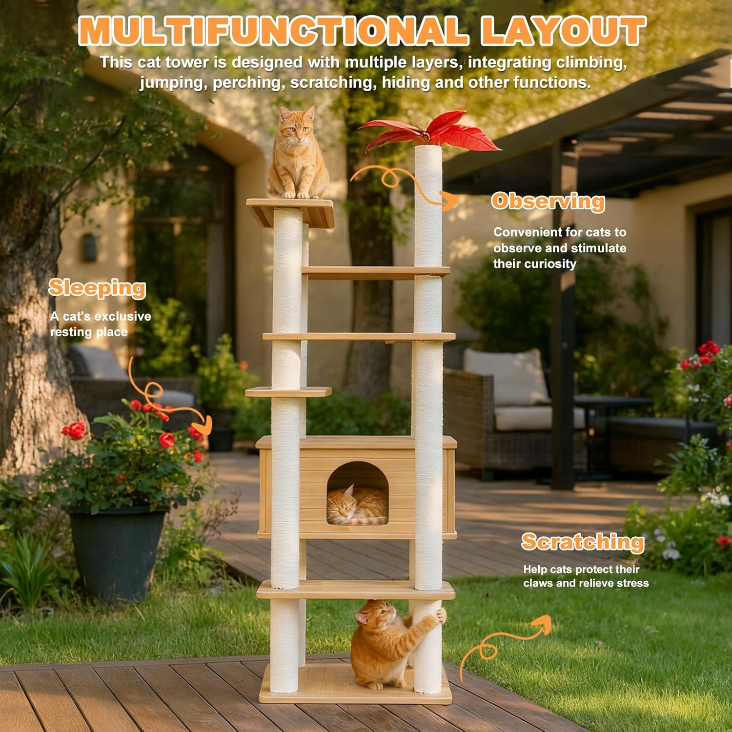 MAOHEGOU 68.9 Inches Tall Outdoor Weatherproof Cat Tower, Multi-Level Cat Tree, Large Cat Condo with PVC Board and Cat Scratching Posts, for outside and Indoor Cat Houses image number 3