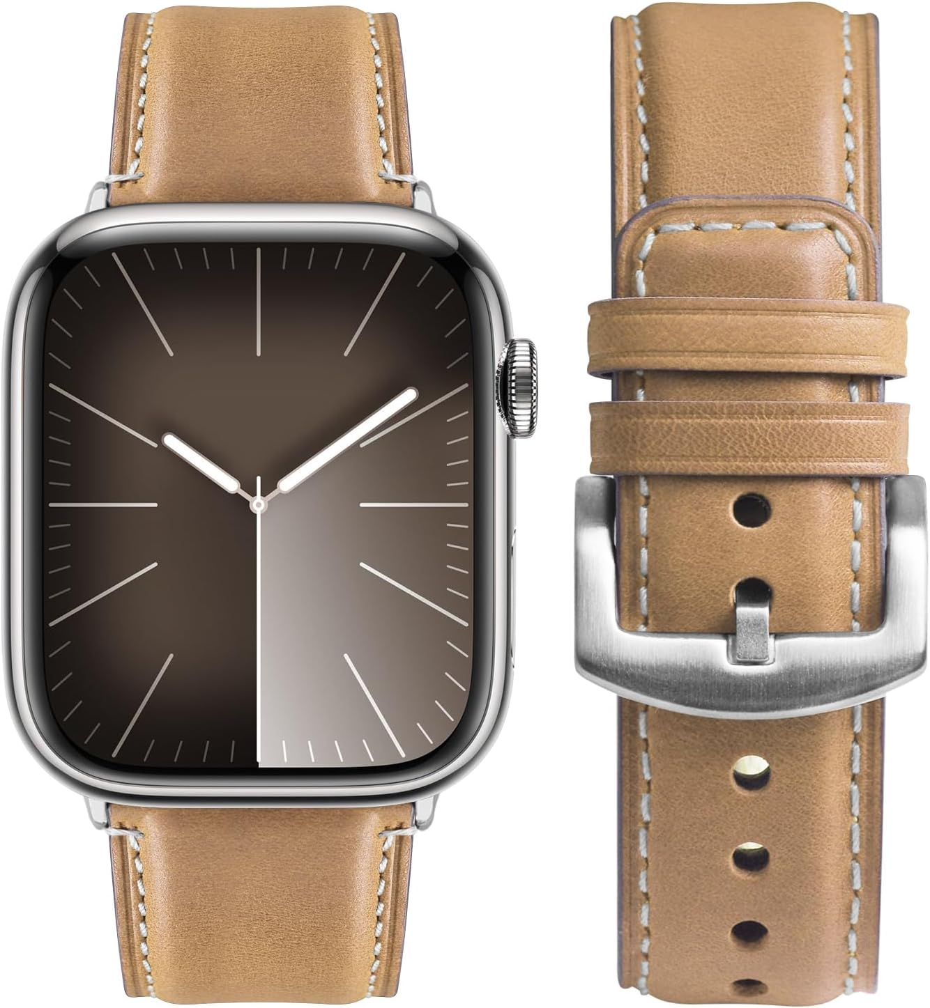 Fullmosa Real Leather Band Compatible with Apple Watch Band 49Mm 46Mm 45Mm 44Mm 42Mm,Yola Leather Apple Watch Strap for Iwatch Ultra SE Series 11/10/9/8/7/6/5/4/3/2/1 Men Women, Light Brown+Silver