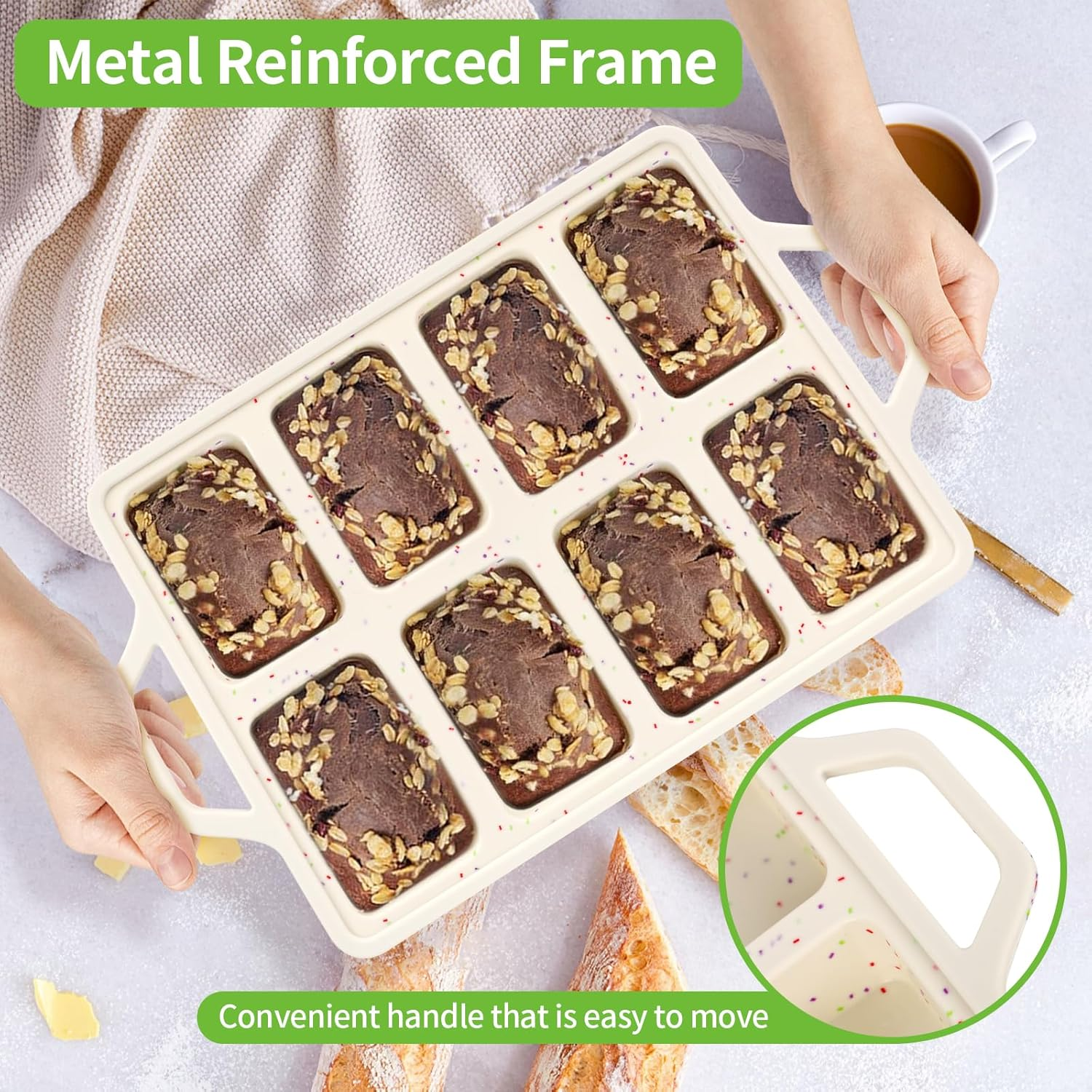 Silicone Mini Loaf Pans with Metal Reinforced Frame-2 Pack, Non-Stick Silicone Bread Pan for Baking 8-Cavity, Tiny Banana Bread Set, Dishwasher Safe Brownie Pan-Cream image number 1