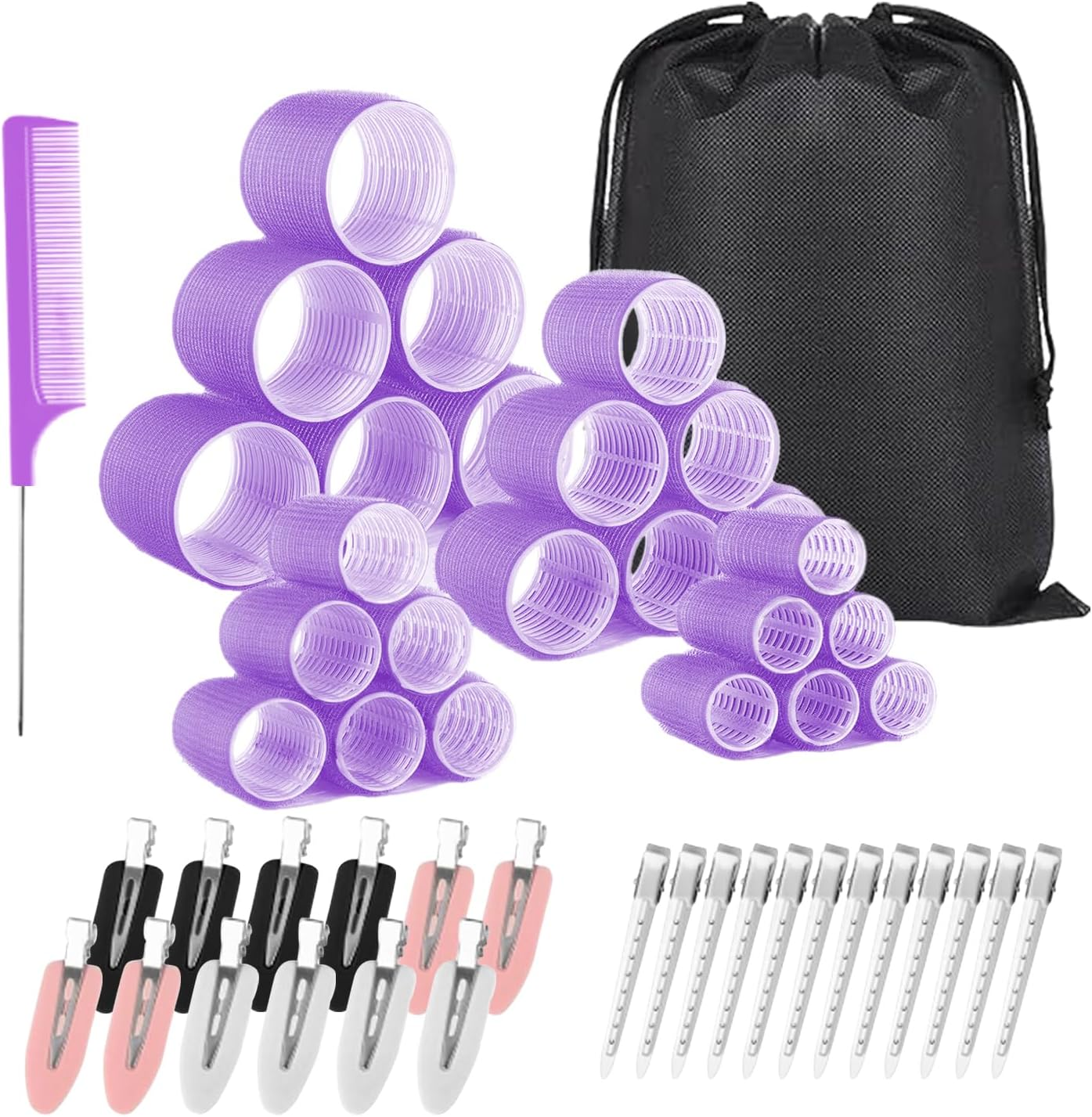 Jotia 50Pcs Hair Rollers Set, Including 24Pcs 25Mm/36Mm/48Mm/60Mm Self Grip Curler Roller, Clips, Comb and Storage Bag, Hair Heatless Roller Hair Curlers Set for All Hair Types (Rose Red)