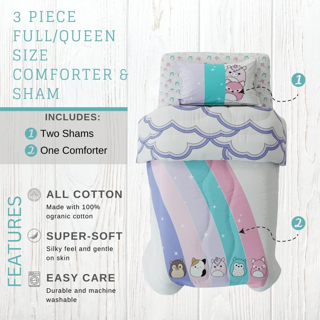 Franco Squishmallows Luxury Bedding Super Soft Premium Comforter with Sham, 3 Piece Full/Queen Size, 100% Cotton Cover (Official Squishmallows Product)