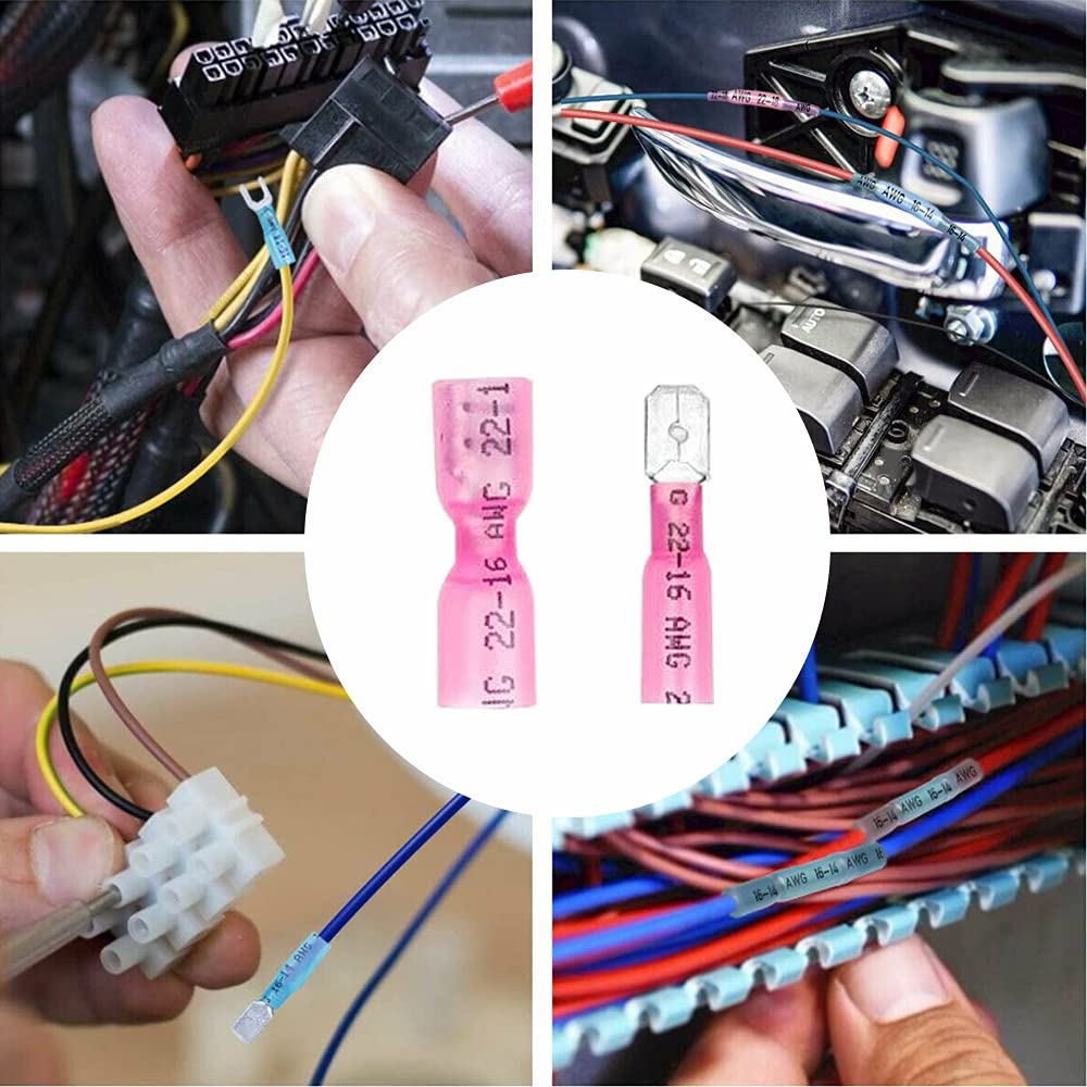 100PCS Heat Shrink Spade Connectors Female and Male Spade Wire Connectors Fully Insulated Quick Disconnect Crimp Terminals 22-16 AWG Red/Ursh - Yellow 12-10 Awg image number 4