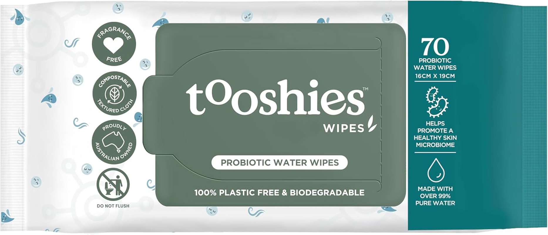 Tooshies Wipes | Probiotic Water Wipes | 100% Plastic Free | Biodegradable | Fragrance Free | 16 X 70Pk (1120 Wipes) image number 5