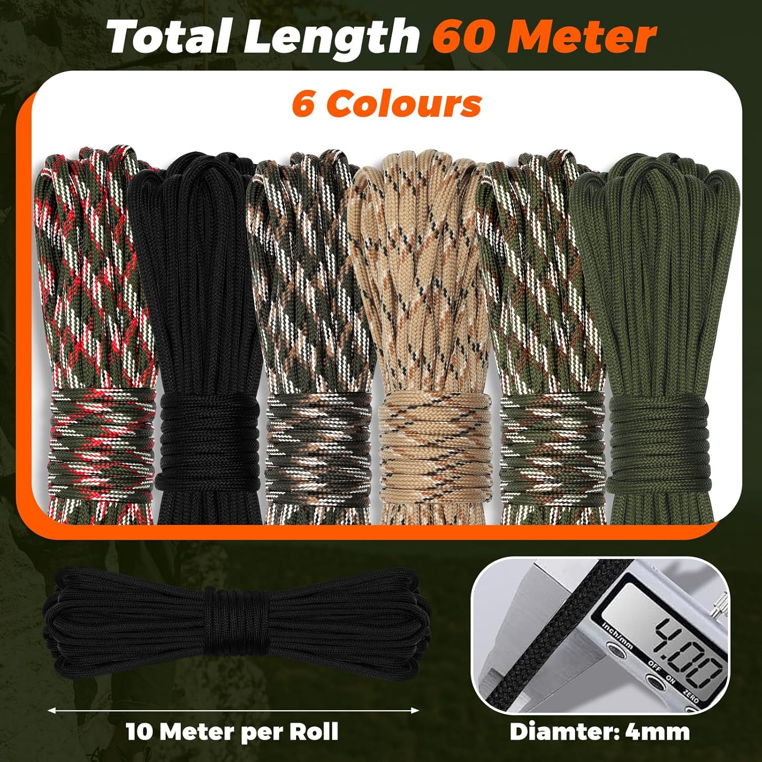 Votoko Pack of 6 33 Ft/10 M Paracord 4 Mm, Paracord Cords, 7 Core Strands Nylon Rope, Reepcord Holds up to 250 Kg / 550 LB, Ideal for Outdoor Survival Camping Crafts Bracelet Dog Lead image number 4