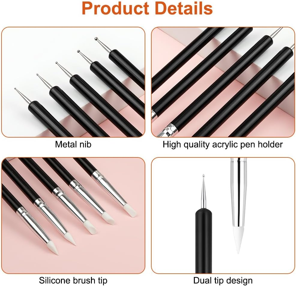 BUTBU 5PCS Nail Art Sculpture Pen, Dual Tipped Silicone Nail Tools, Doubel Ended Dotting Pen Tool, Rhinestone Nails Polish Carving Pen, Silicone Nail Tool for DIY Decoration, Salon (Black) image number 5