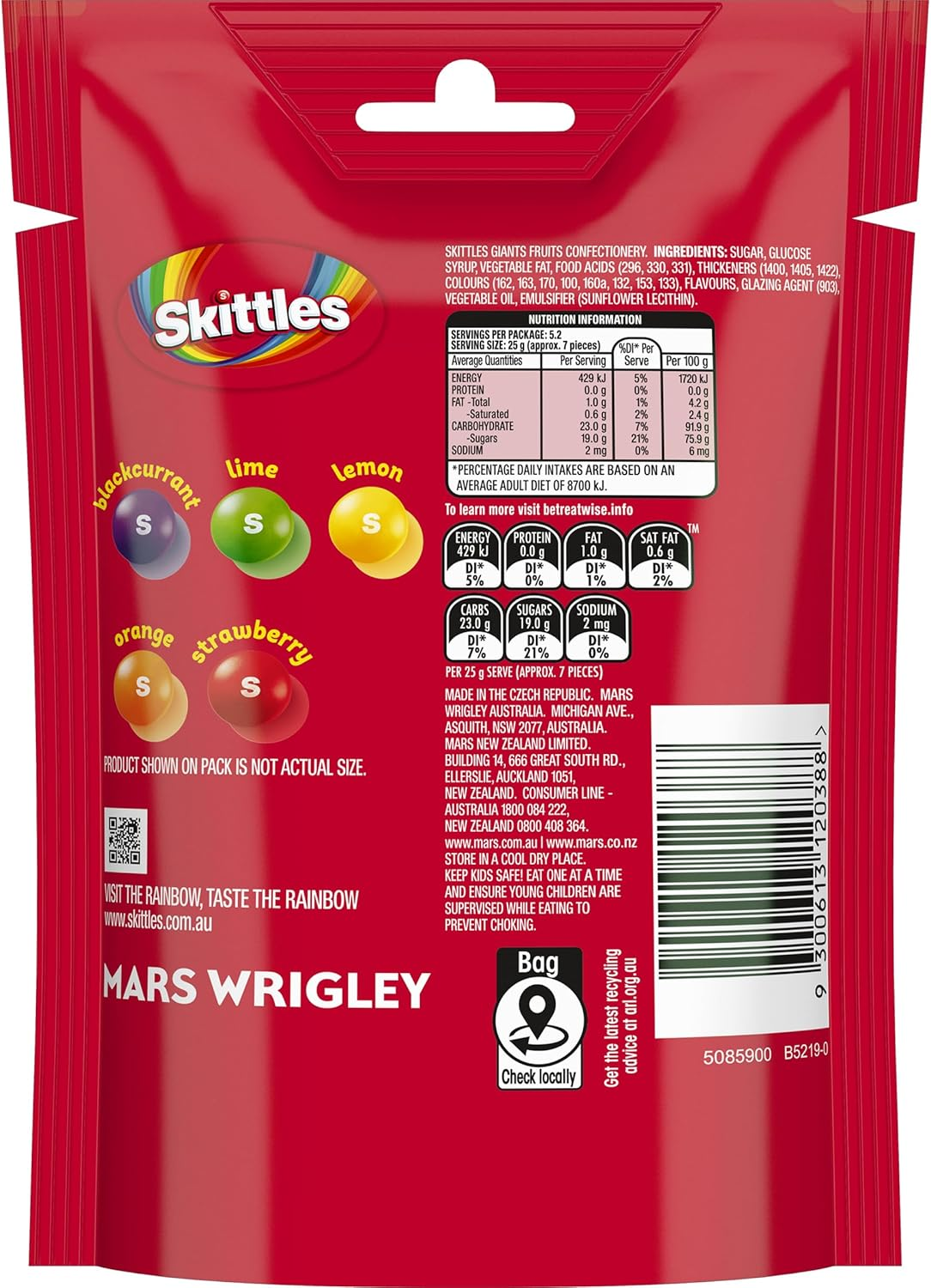 Skittles Giants Fruits Chewy Lollies Snack & Share Bag 132G image number 3