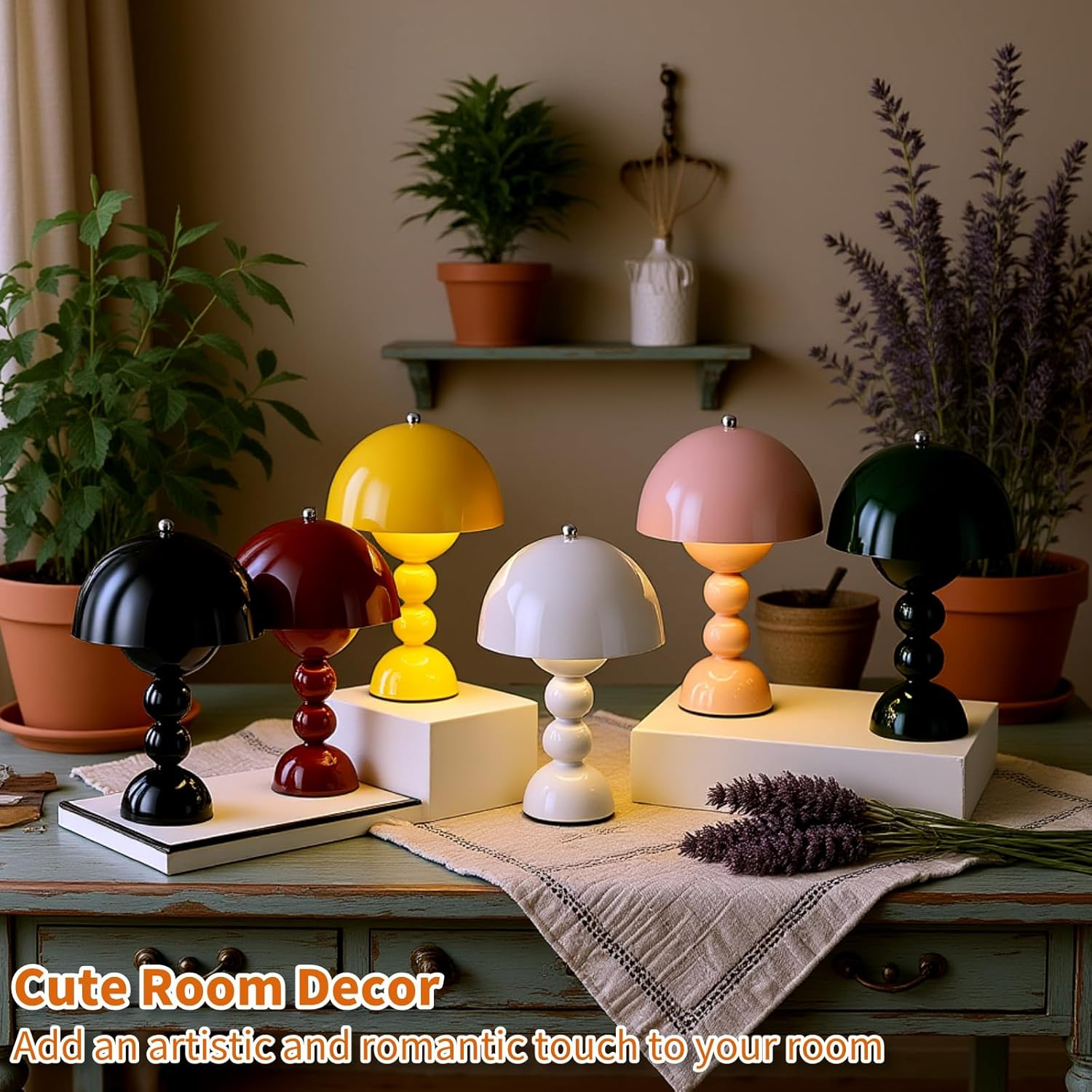 Cordless Table Lamp, 3-Color Dimmable & Touch Control Bedsied Rechargeable Desk Light, Portable Battery Powered Mushroom Lamp for Bedroom Nightstand, Kitchen, Office, Outdoor Decor (Drak Red) - Red image number 7