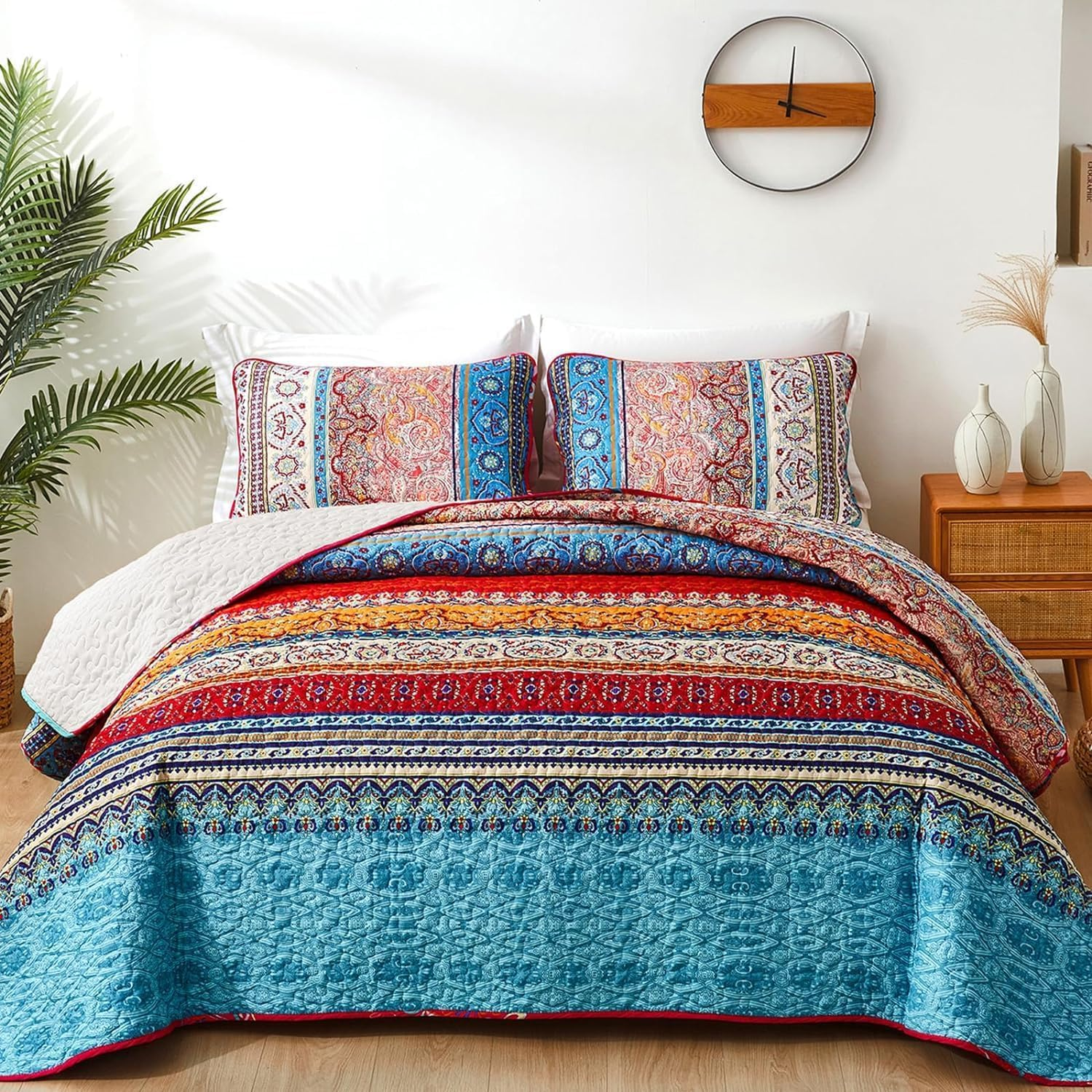 Bohemian Quilt Set King, Boho Striped Printed Bedding Bedspread Coverlet Set for Summer, Lightweight Microfiber Quilt with 2 Pillowcases King Size 90"X103" (3 Pieces, Colorful)