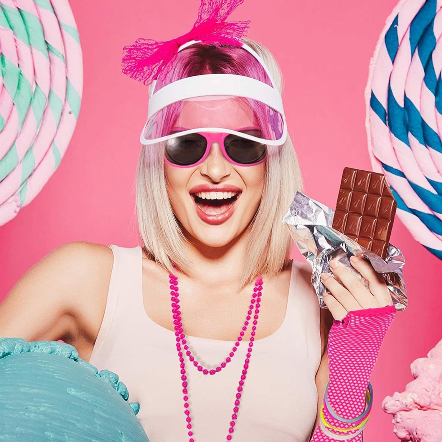 26Pcs 80S Fancy Dress for Women,Neon Clothes Costume Set with Lace Bow Headband,Sunglasses,Hair Scrunchies,Necklace,Earring,Tutu Skirt,Leg Warmers,Fishnet Gloves,Waist Packs (Pink) image number 2