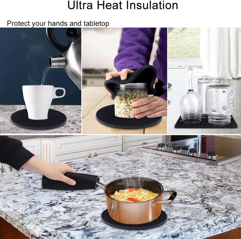 Lznyi Silicone Trivet Mats, 4Pcs Pot Pads Silicone Pot Holders for Kitchen Countertops, Table, Heat Resistant anti Slip Flexible Easy to Wash and Dry (Green+Blue) (4Pcs Black) image number 6