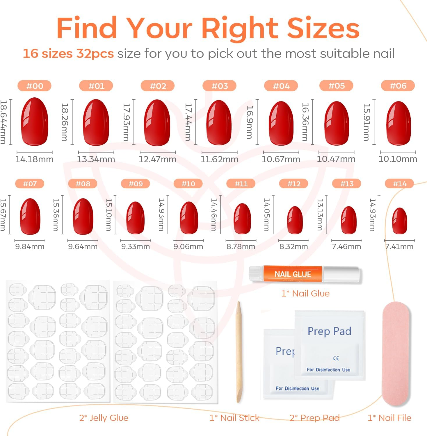Modelones Short Press on Nails, 32Pcs 16 Sizes Oval Fake Nails with Nail Glue, Adhesive Tabs, Nail File, Prep Pad, Manicure Stick, Real Red 32Pcs 16 Sizes - Real Red image number 4