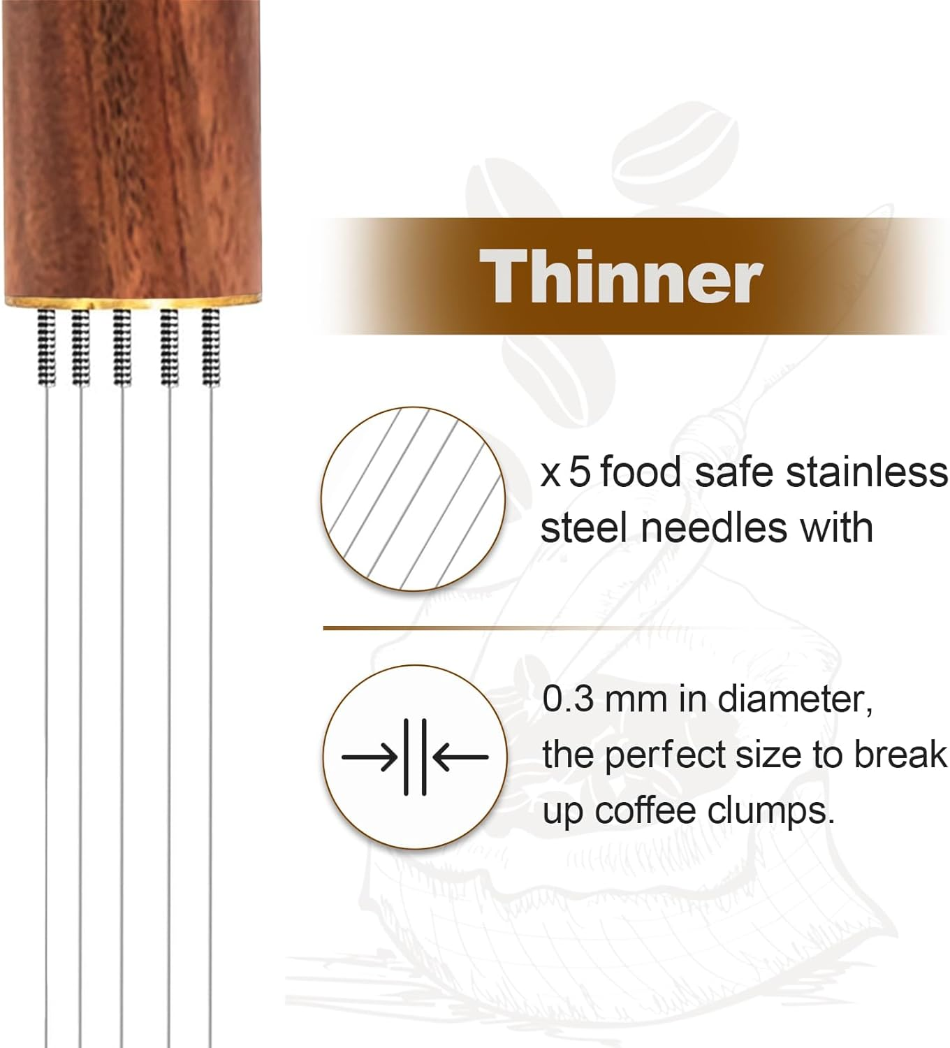 2 Pcs Coffee Distribution Tool &ndash; Espresso Stirrer Tool with 5 Needles (0.3Mm) & Natural Wood Handle, Includes Stand &ndash; WDT Espresso Distributor for Home, Kitchen, Caf&eacute;, Barista(Walnut/Rosewood) image number 3