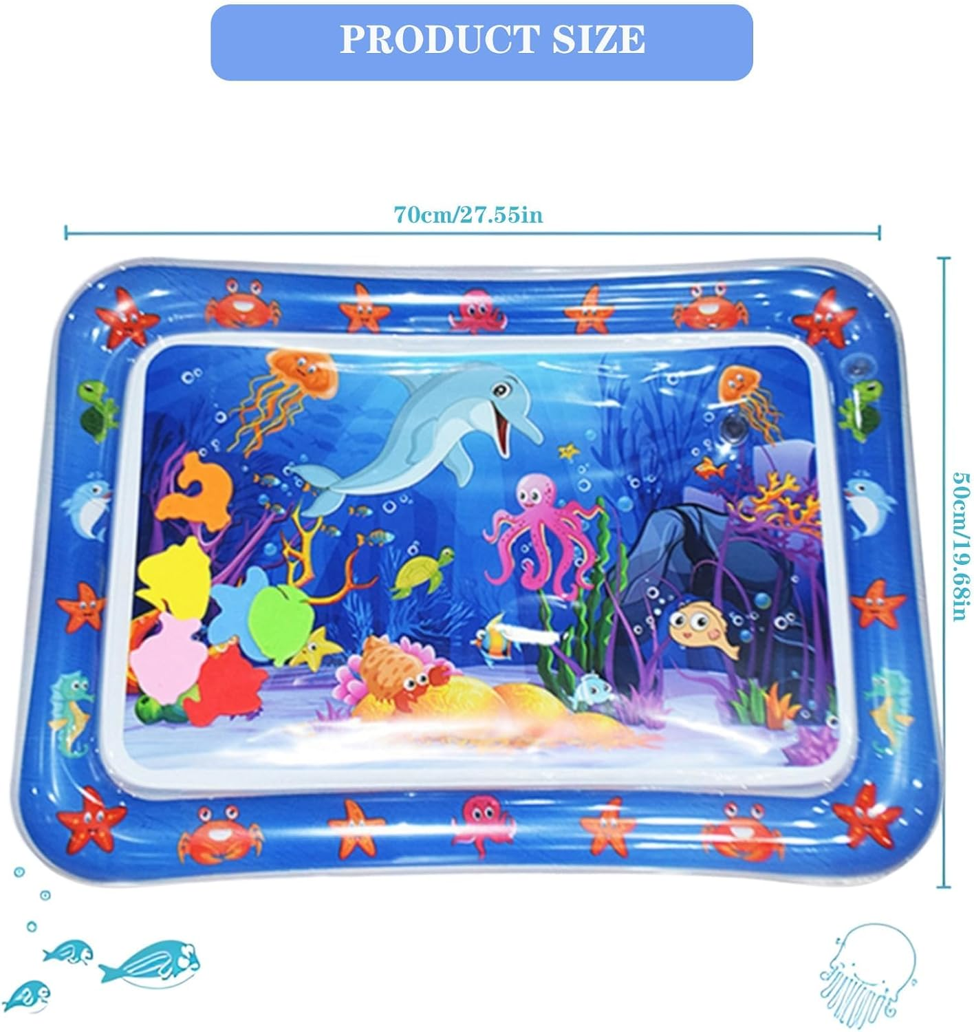Pet Water Sensory Play Mat for Cats, Water Play Mat Water Filling Inflatable Tummy Time Mat Floating Dual Use Toy （Ocean Themed Style）, 70 X 50Cm Portable image number 4