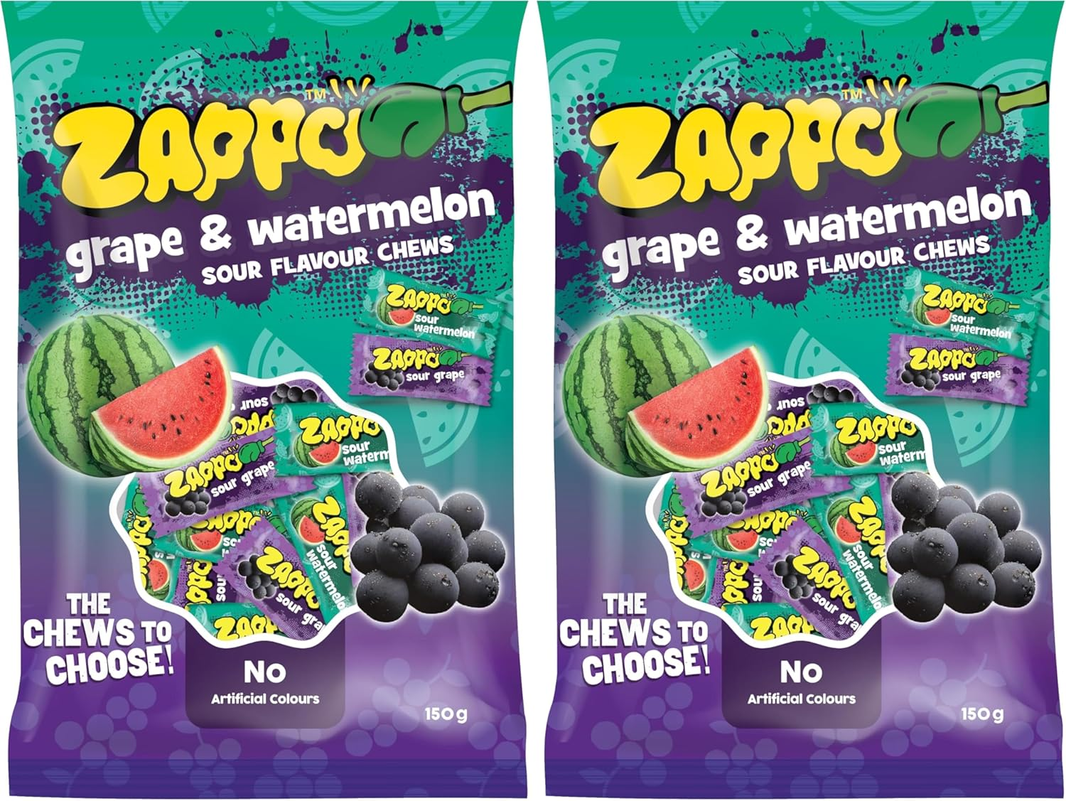 Zappo Grape and Watermelon Sour Chews 150 G Bag Chewy Lollies for Snacking and Lolly Bags