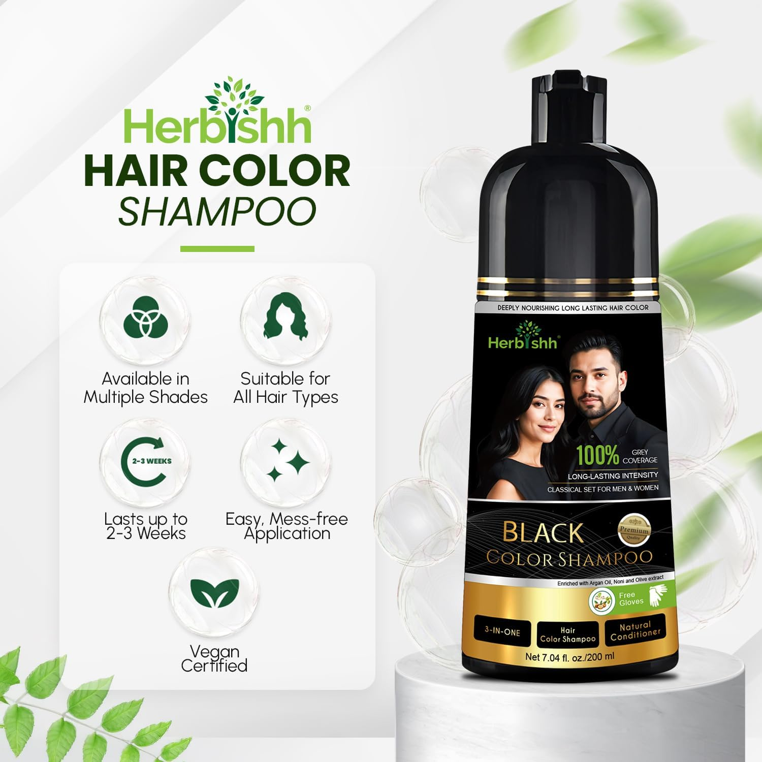 Herbishh Black Shampoo, Hair Dye Shampoo 3 in 1, 100% Grey Coverage, Demi-Permanent Hair Color for Men & Women, Long-Lasting Color in 5-15 Mins, Ammonia-Free, 200 Ml image number 5