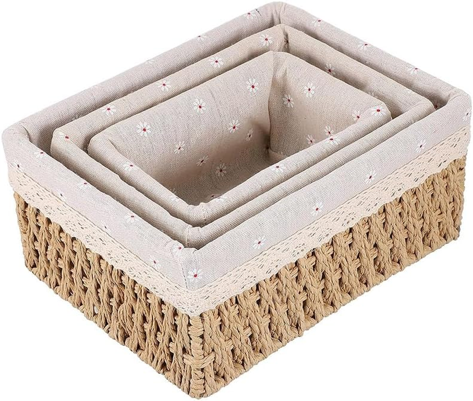 AIMALL 3Pcs Rattan Woven Storage Basket Set with Fabric Liner for Clothes, Cosmetics, and Jewelry Organization, Small/Medium/Large Sizes image number 1