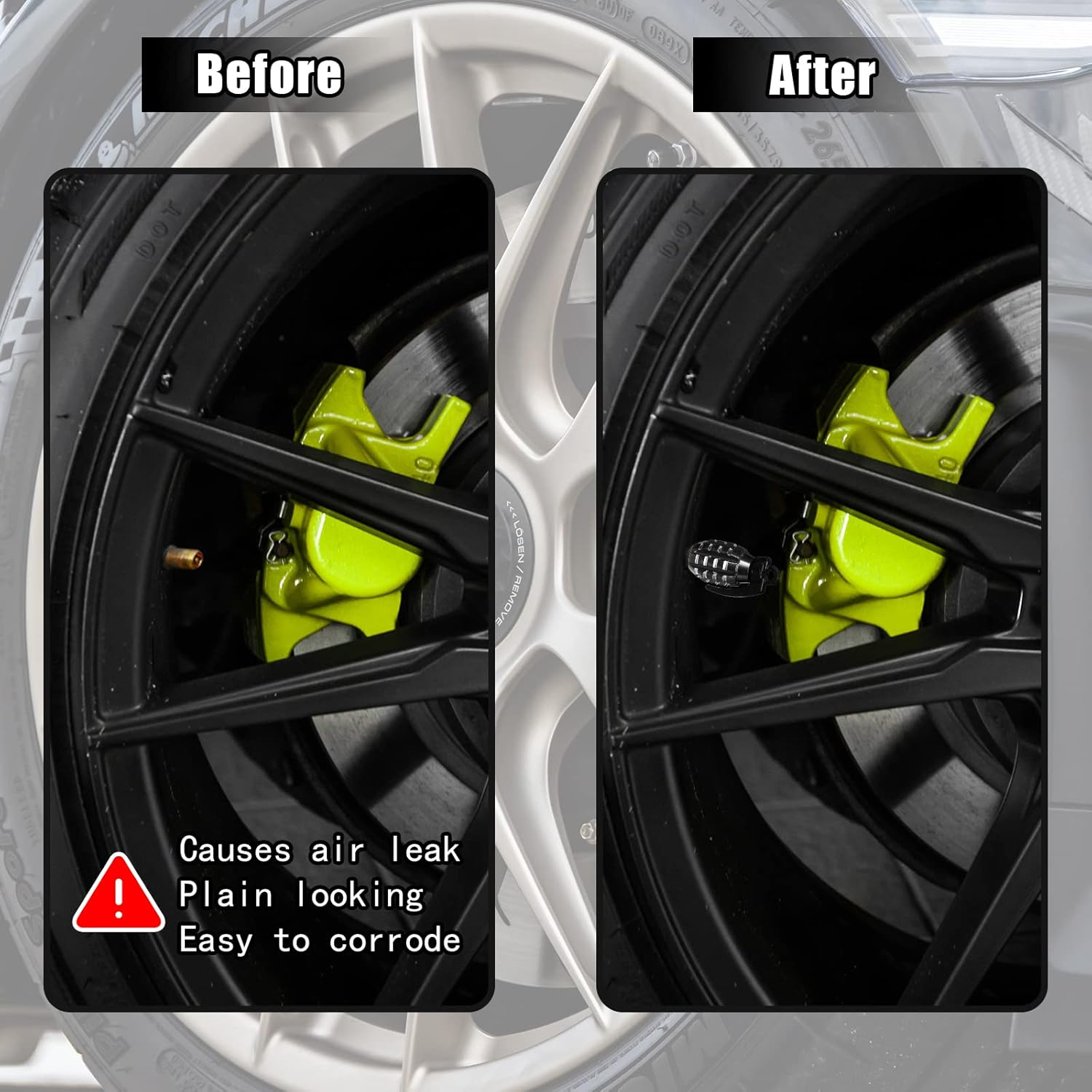 AIEX 4 Packs Valve Stem Caps, Grenade Style Aluminum Heavy Duty Valve Stem Covers Air-Proof Tire Caps for Cars SUV Trucks Motorcycles Bicycles(Black) - Black image number 2