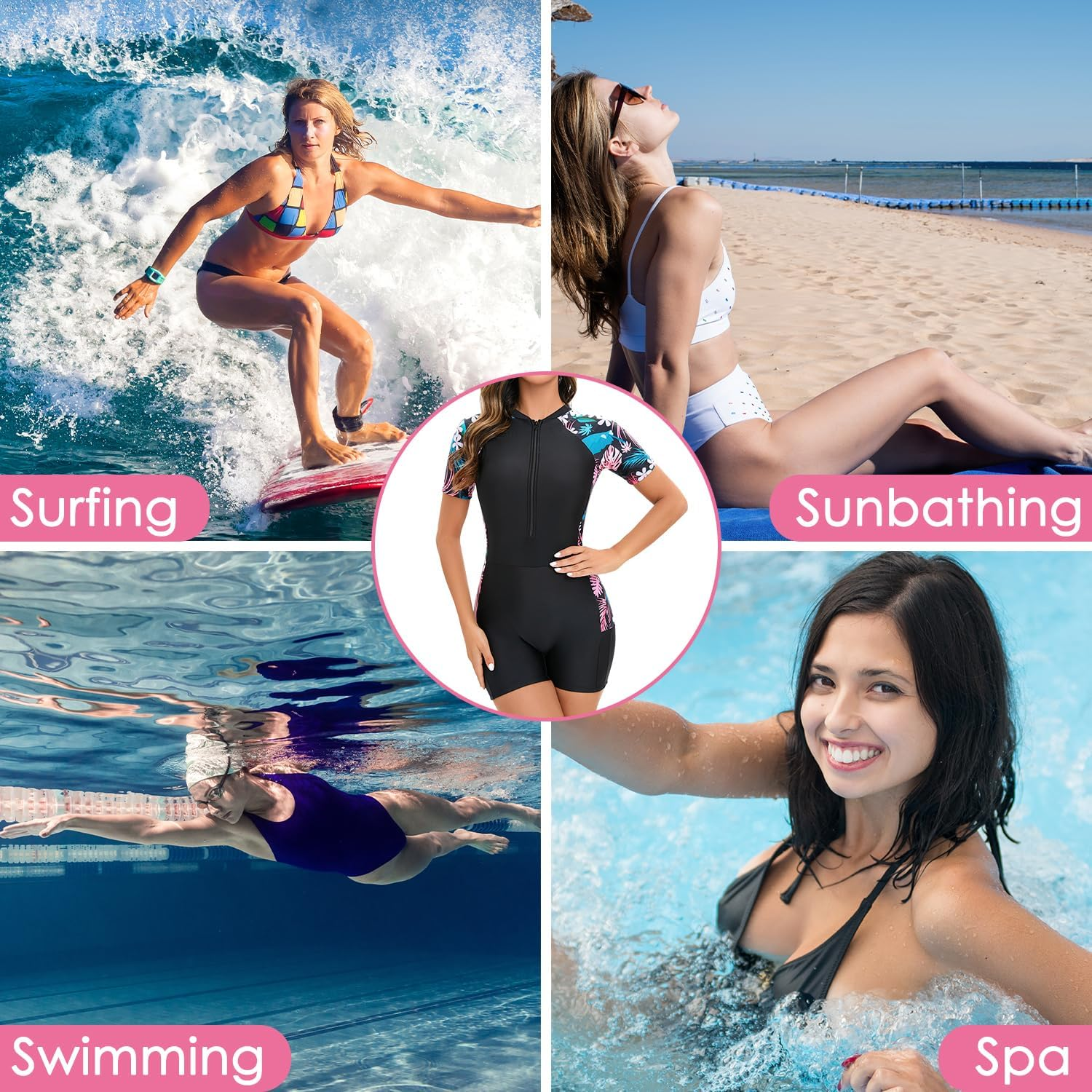 WOTOW Women'S One Piece Swimsuits, Rash Guard Short Sleeves Zipper Bathing Suit, Sports Surfing Swimwear for Women image number 1