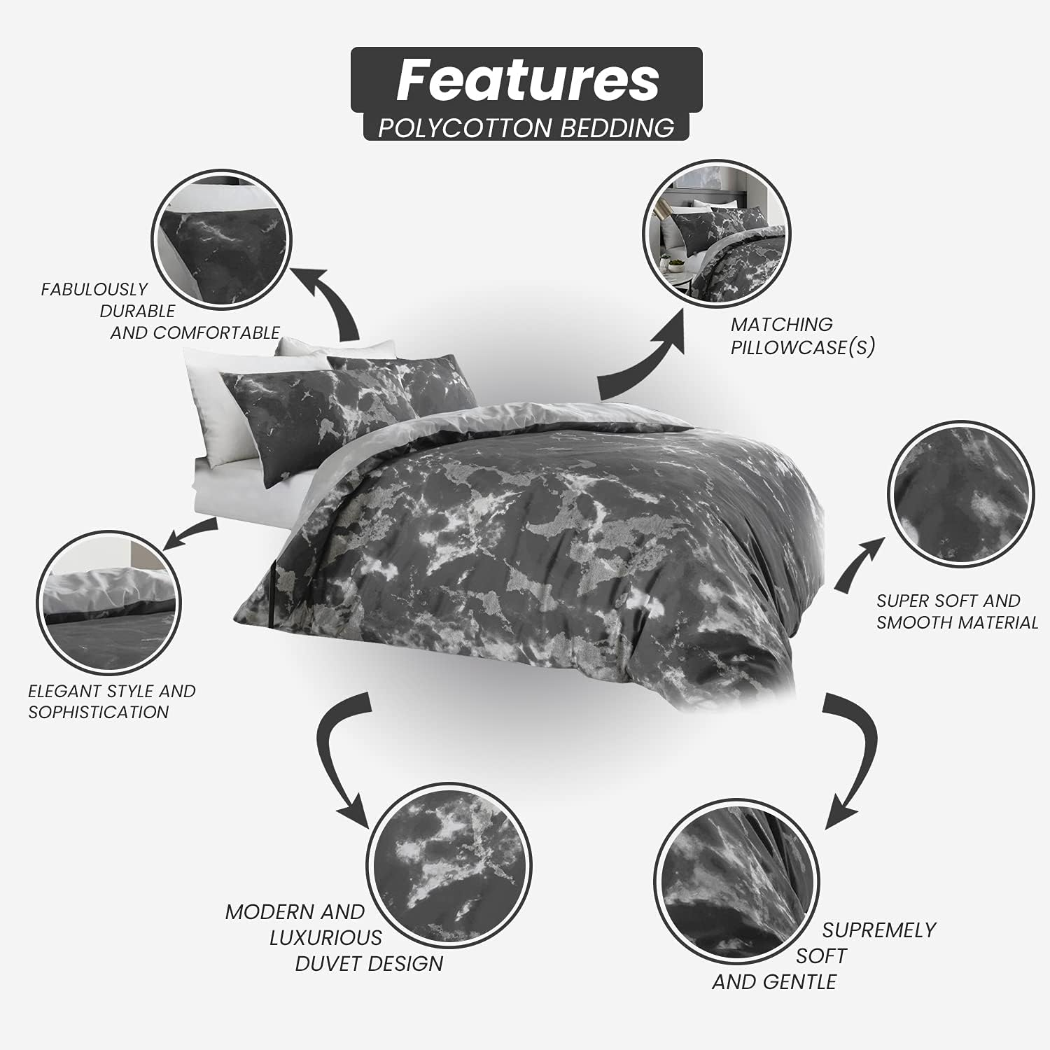 GAVENO CAVAILIA Luxury Marble Duvet Cover, Reversible Soft & Cosy Quilt Bedding Set, Bedroom Accessory, Black, Super-King, Polycotton image number 1