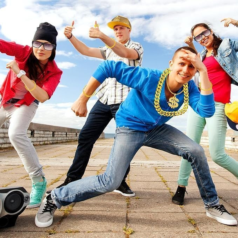 6Pcs Hip Hop Costume Kit, 80S 90S Rapper Costume, Fancy Dress Hippie Fake Chains and Hats for Halloween Party Cosplay Props Rapper Fancy Dress Carnival Accessories image number 2