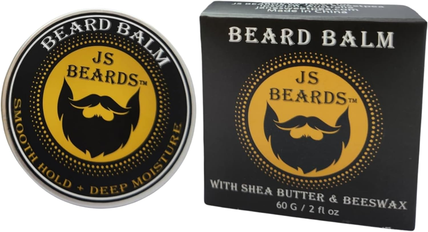 JS Beards All Natural Beard Balm &ndash; Shea Butter & Beeswax for Smooth Hold, Moisture & Frizz Control &ndash; Light Sweet Orange Essential Oil Scented - No Parabens No Silicone No Synthetic Frangrance - Grooming Balm for Men (60 G Tin)