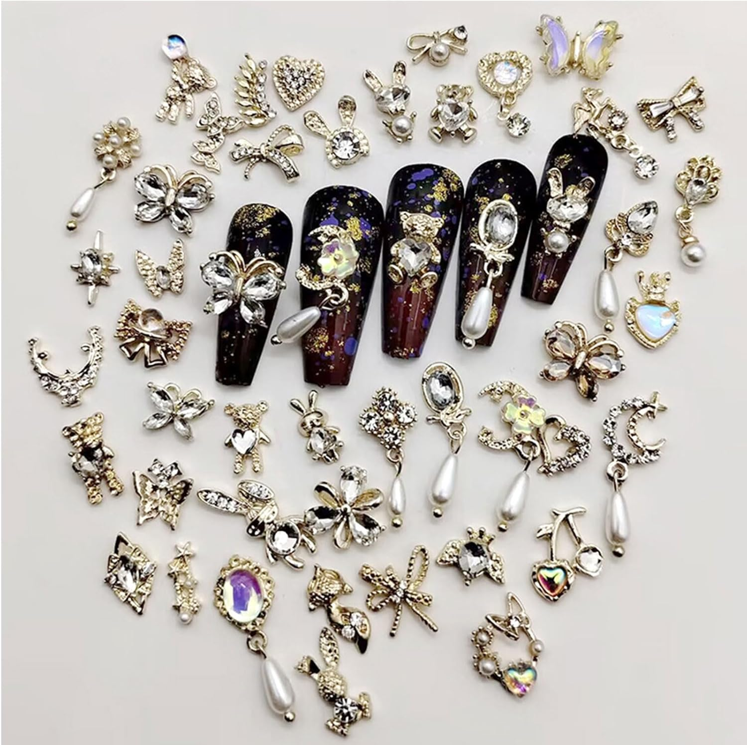 Nail Art Hearts and Bows,50Pcs Mixed 3D Gold Pearl Rhinestones Bowknot Luxury Dangle Nail Art Charms (C Mixed Pattern Gold) image number 1