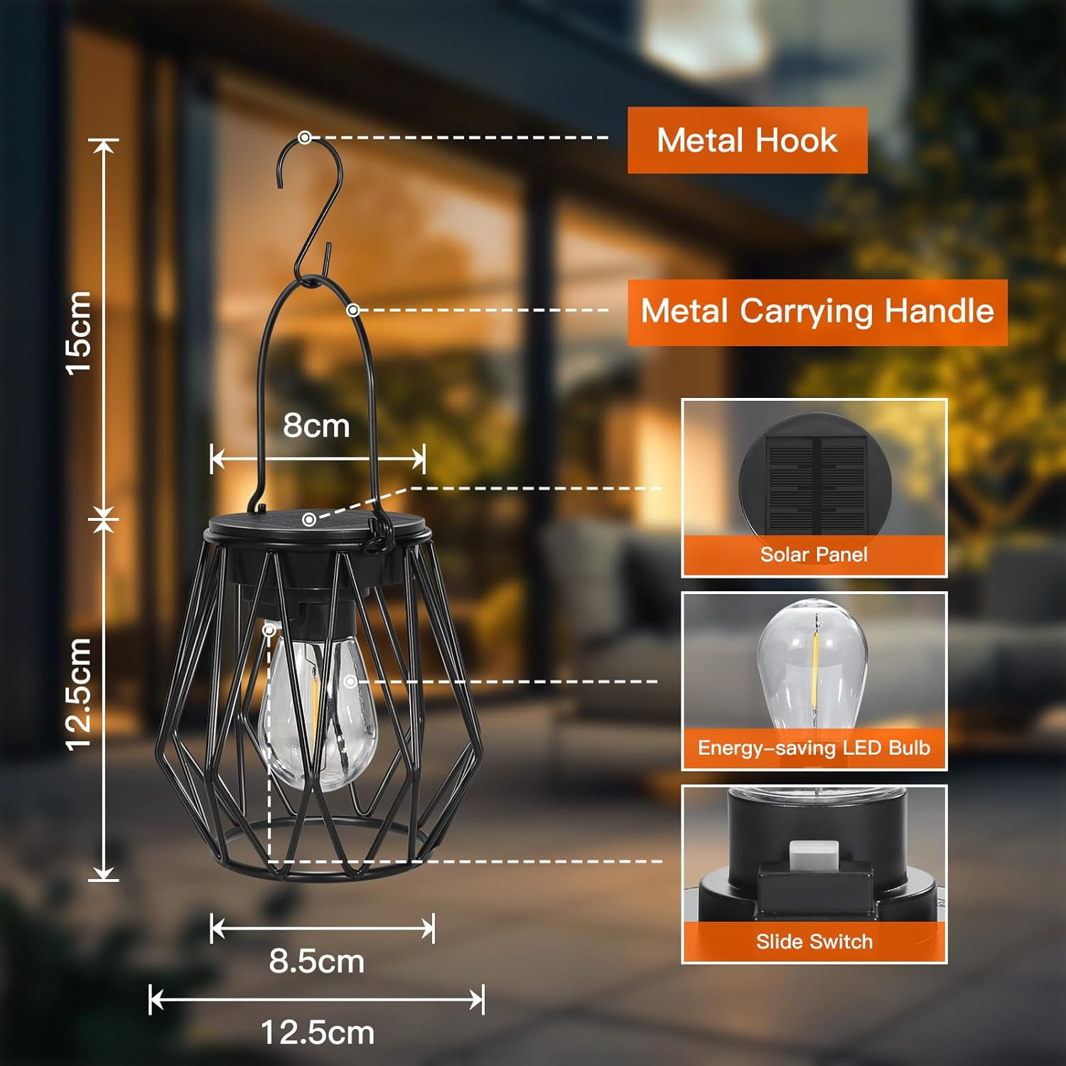 Solar Lights for Outdoor Hanging/Standing, Pack of 2 IP65 Waterproof Metal Solar Lantern, Retro LED Solar Lanterns, Diamond for Outdoors, Garden, Balcony, Outdoor, Patios, Warm White image number 6