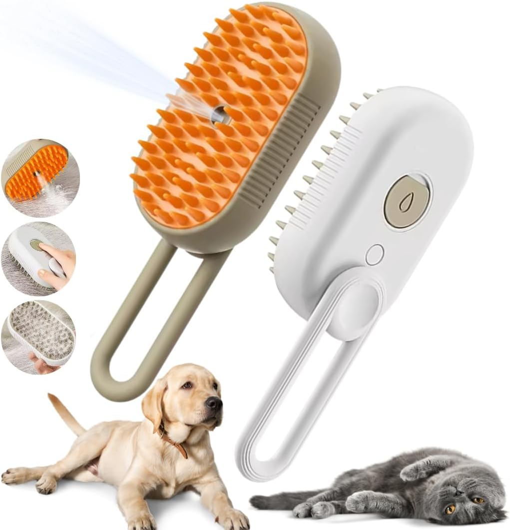 Cat Steam Brush, 3 in 1 Cat Steamy Brush, Steamy Silicone Massage Grooming Brush for Cat and Dog, Steamer Brush for Massage, Tangled and Hair Loss Remover for Cats and Dogs Grooming Tool (2Pcs, White + Cream Coffee )