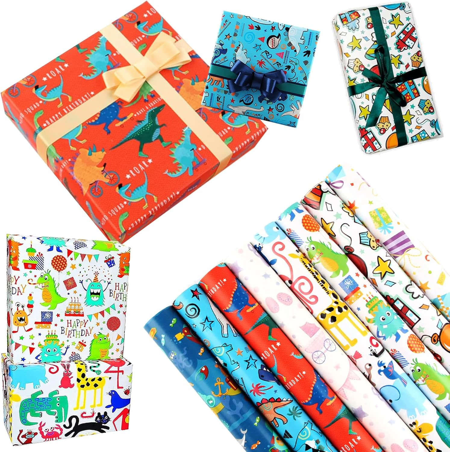 YQQZQ Cute Birthday Wrapping Paper,8 Sheets Assorted Cute Patterns Gift Wrapping Paper for Boys and Girls Christmas Birthday Party Decoration(50 * 70CM)