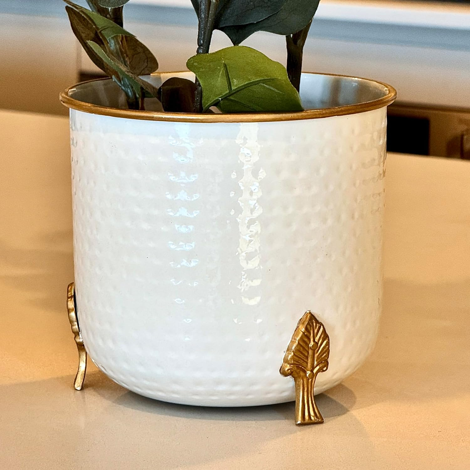Hammered Gold Rim Leaf Leg Planter by Indian Impressions | White Elegant Metal Planter with Stylish Leaf-Inspired Legs | Modern Indoor Plant Stand for Home, Office & Balcony | Decorative Accent Piece