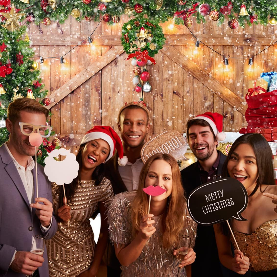 SJOLOON Rustic Christmas Barn Wood Door Backdrop for Photography Xmas Tree Snow Gift Wall Floor Party Photo Background Winter Holiday Family Supplies Banner Decoration Studio Props 12391 (12X10Ft) image number 2