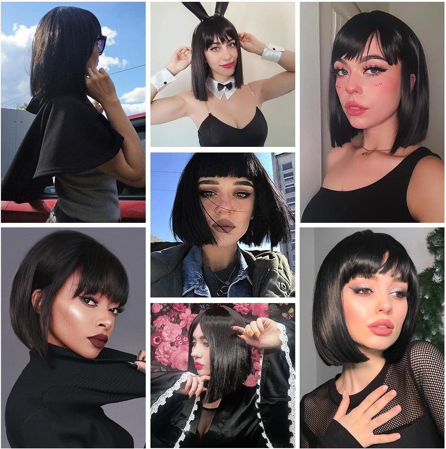 ENTRANCED STYLES (Black) - Black Bob Wig with Bangs, Short Black Wig for Women Straight Bob Wigs Heat Resistant Synthetic Wig Mia Wallace Cleopatra Cospaly Daily Party Cosplay Use 12" image number 1