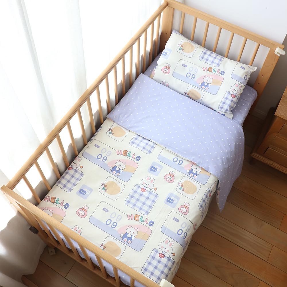 100% Cotton Crib Bedding Set for Toddler Boys Girls,3Pcs Baby Bed Linen Include Duvet Cover Fitted Sheet Pillowcase Nursery Decoration (Purple) image number 2