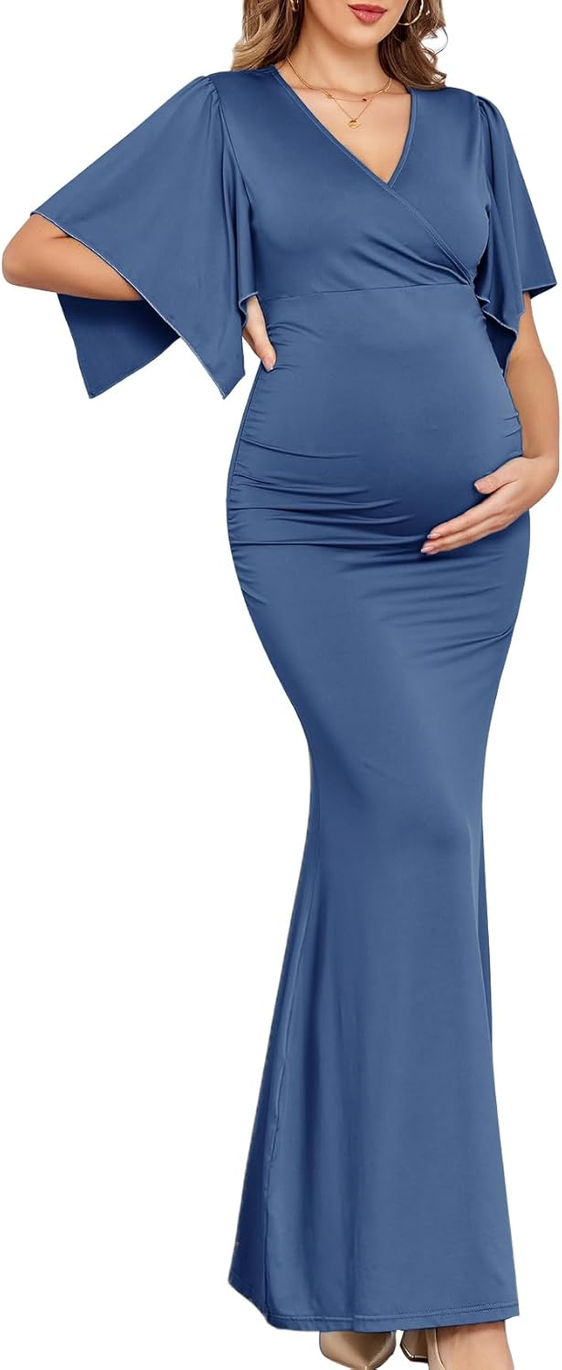 CYCLAMEN Maxi Maternity Dress Sparkly Baby Shower Semi Formal Wedding Guest V-Neck Handkerchief Sleeves Elegant Pregnancy