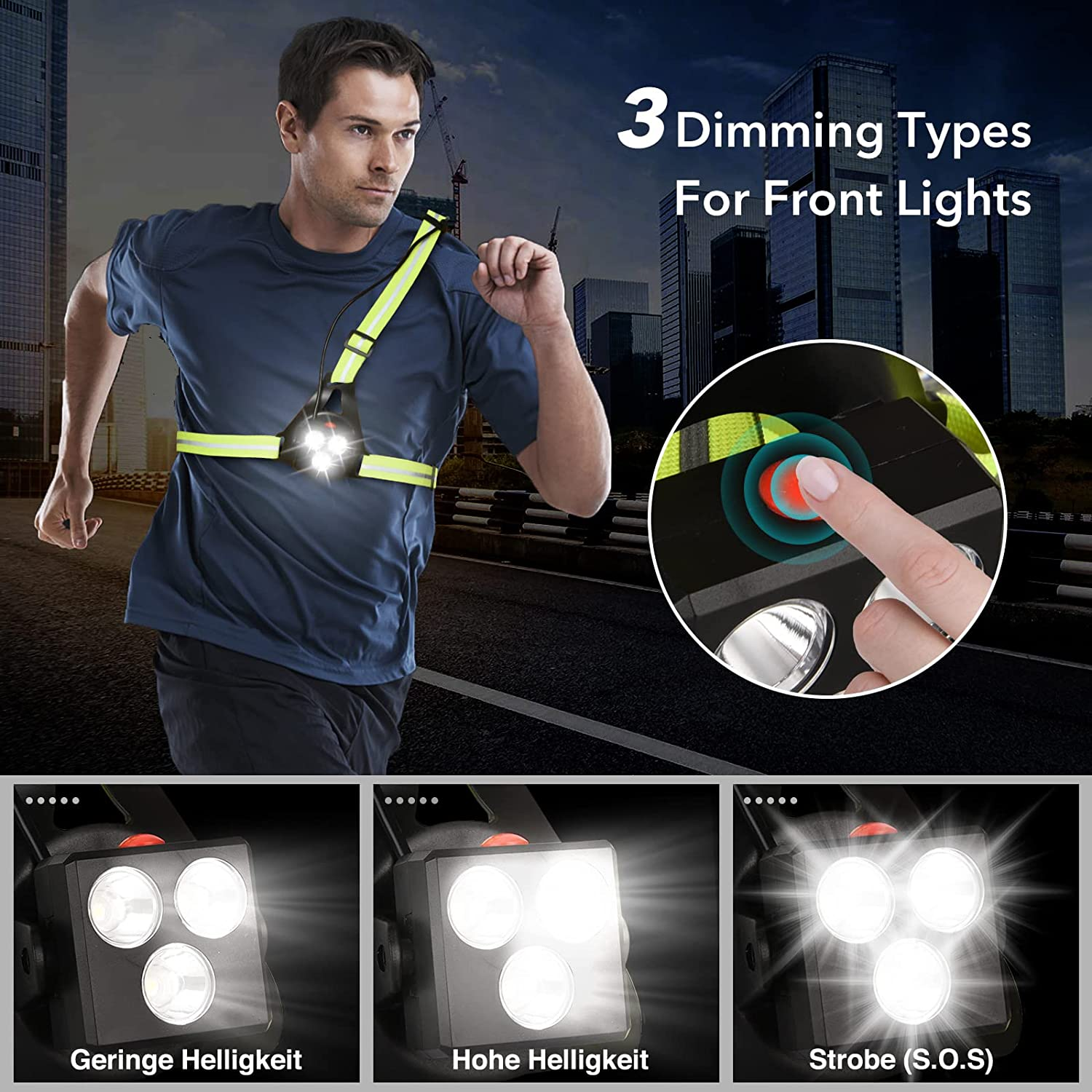 Night Running Lights for Runners, USB Rechargeable LED Chest Lamps with Wearable Reflective Gear, Waterproof Safety Lights Backlight Flashlight with 3 Modes for Running, Jogging (Black & Green) image number 5