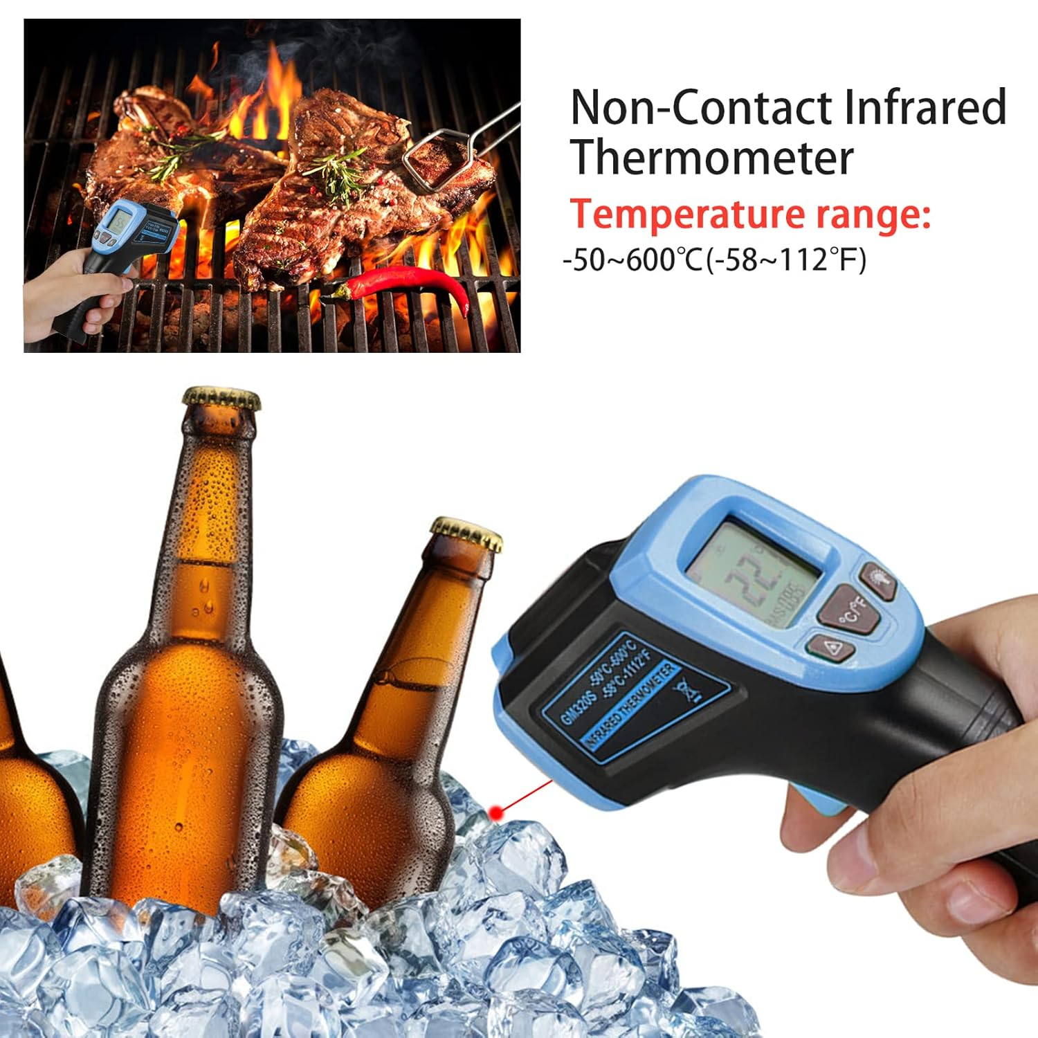 Infrared Thermometer, Non-Contact Digital Industrial Temperature Gun -58&deg;F to 1112&deg;F (-50&deg;C to 600&deg;C) with LCD Display,Blue image number 2