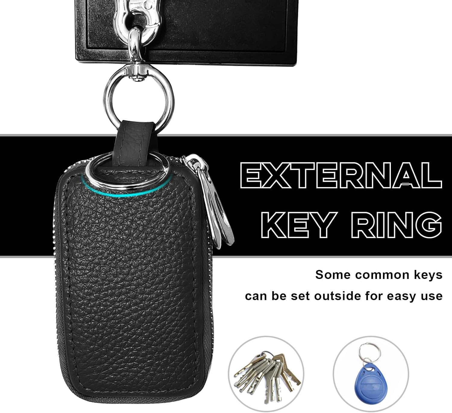 NTNEV Car Key Fob Case, Double Zipper Genuine Leather Protection Key, Universal Premium Car Key Fob Case, Metal Hook and Keyring with Transparent Window for Men Women (Black) image number 2