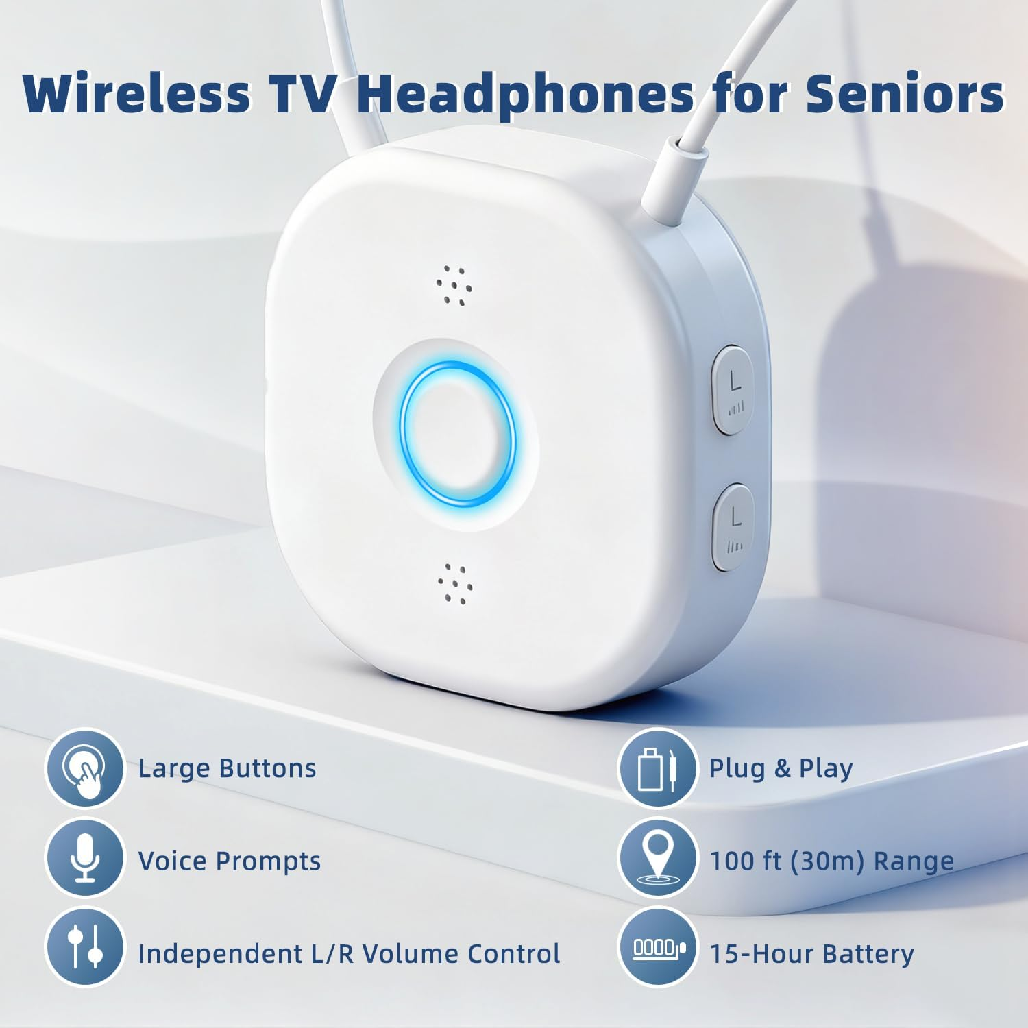 Wireless TV Headphones for Seniors, Wireless Headphones for TV with Large Buttons, Independent Volume Control, Plug & Play, 15H Battery, Compatible with Optical & AUX image number 6