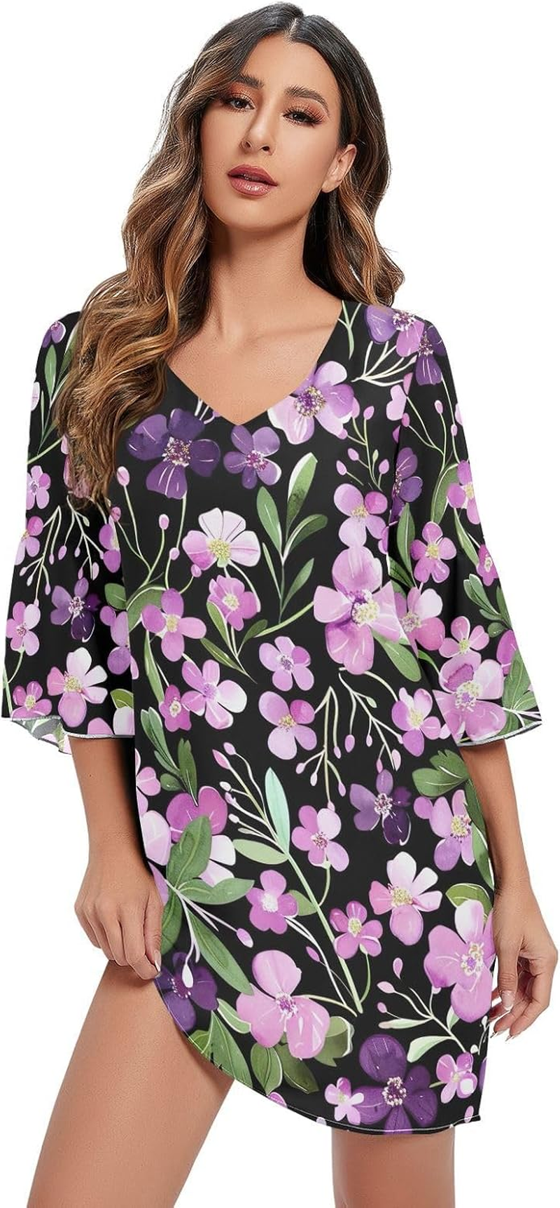 Floral Purple V Neck Dress Printed Line Maternity Dress S-XXL image number 3