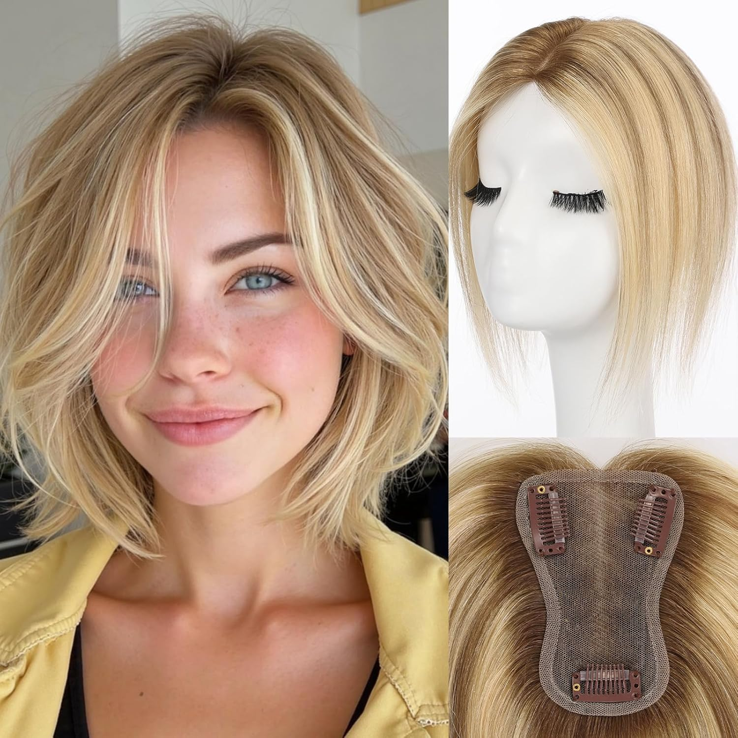 Starluck Real Human Hair Toppers for Women 10Inch-Suitable for Thinning Hair No Bangs 3 * 4.5Inches Swiss Base Hand-Tied & 3 Secure Clips(4T10/16#)