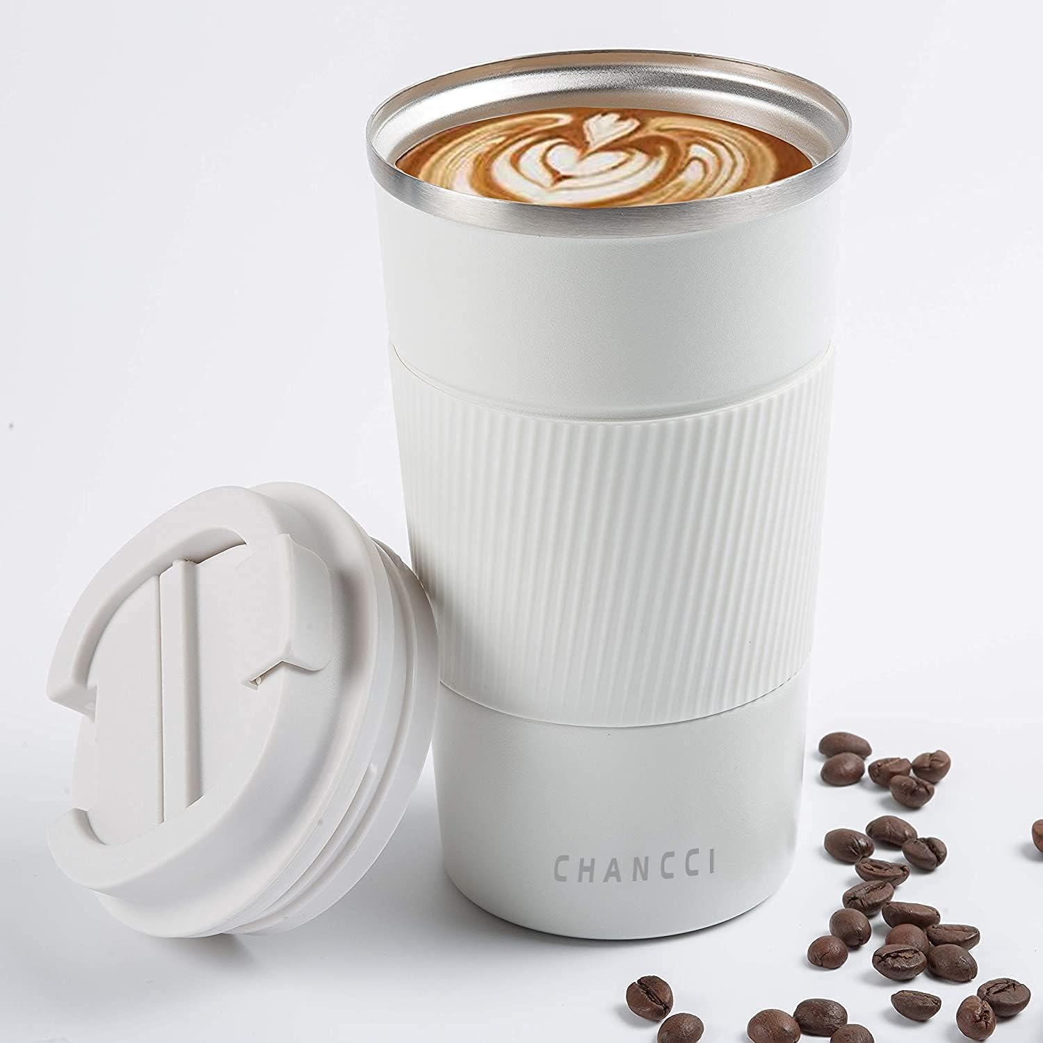 Trave Coffee Mug, 17 Oz Insulated Coffee Travel Mug Spill Proof for Men Women, Stainless Steel Vacuum Tumbler Coffee Cup Leakproof with Flip Lid Reusable Thermal Coffee Cup with Silicone Sleeve for Home Office Hot/Iced Beverage -510Ml/17Oz, White